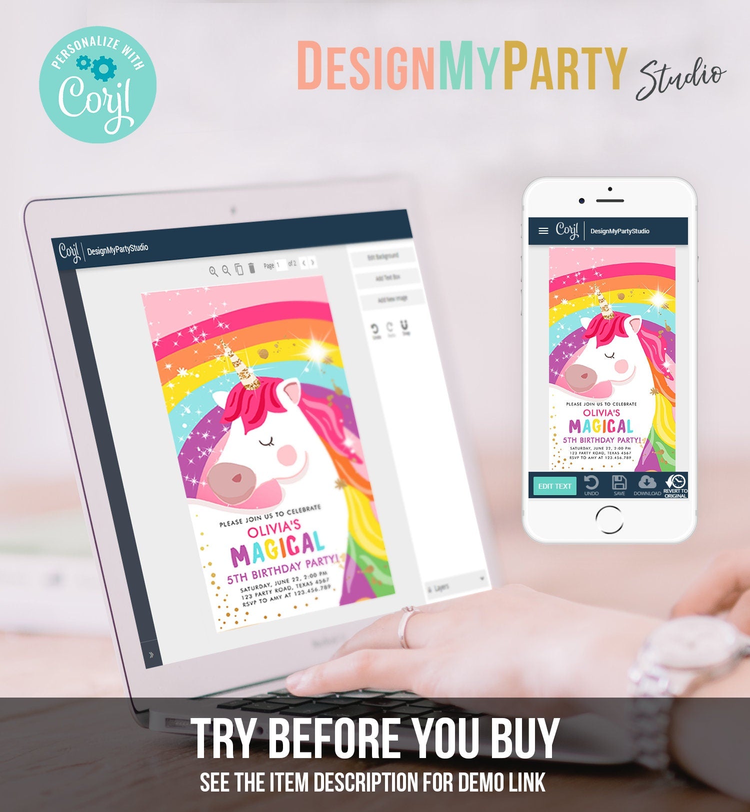 Editable Unicorn Birthday Evite Magical Unicorn Party Girl Pink Gold Unicorn Invitation Rainbow Phone Digital Evite Template Printable 0323