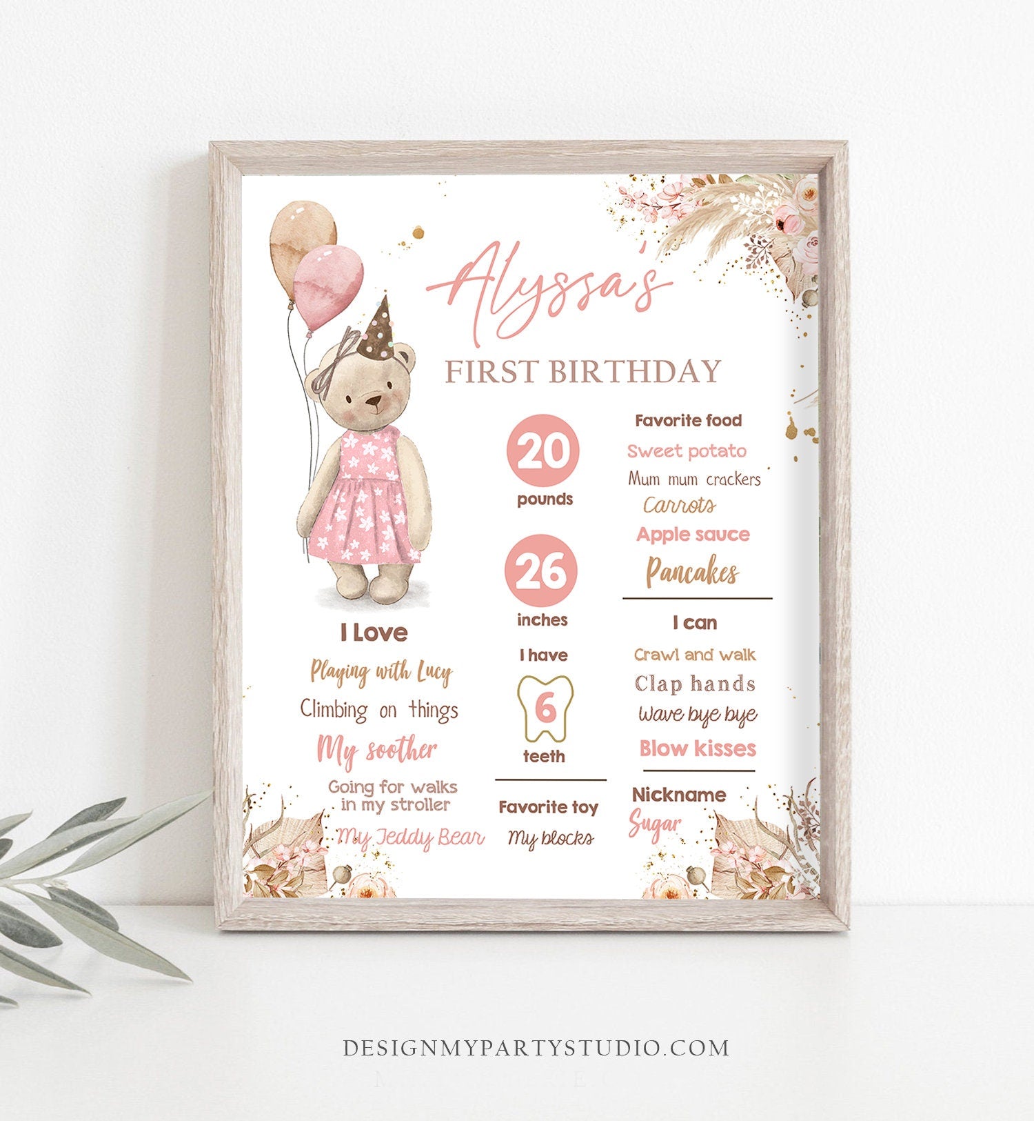 Editable Teddy Bear 1st Birthday Milestones Sign Girl Teddy Bear Picnic Birthday First Birthday Beary Download Corjl Template Printable 0421