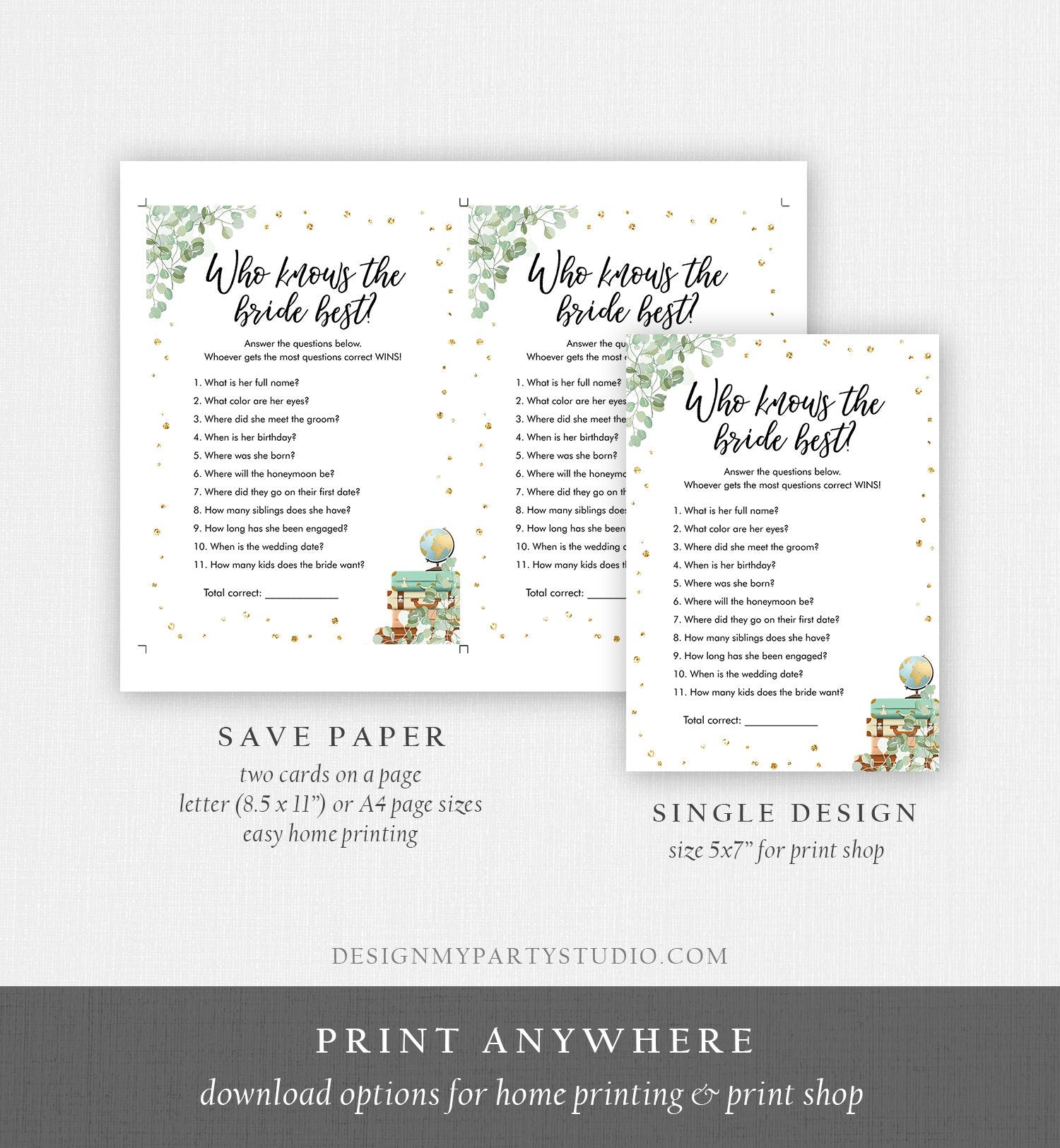 Editable Who Knows the Bride Best Bridal Shower Game Wedding Shower Activity Eucalyptus Gold Confetti Digital Template Printable 0030