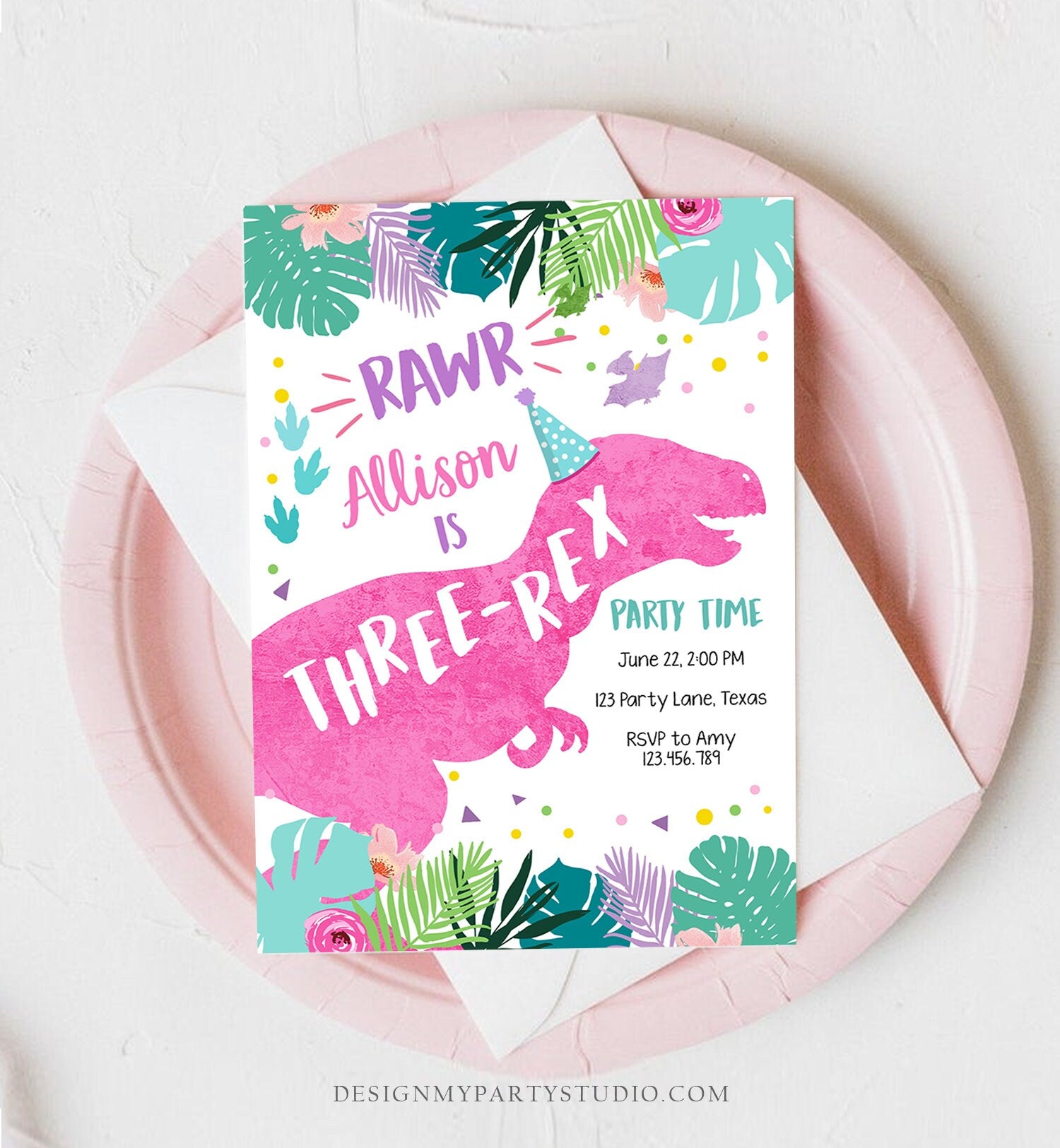 Editable Three-Rex Dinosaur Birthday Invitation Dino T-Rex Third Birthday 3rd Rawr Girl Pink Dino Prehistoric Printable Corjl Template 0423