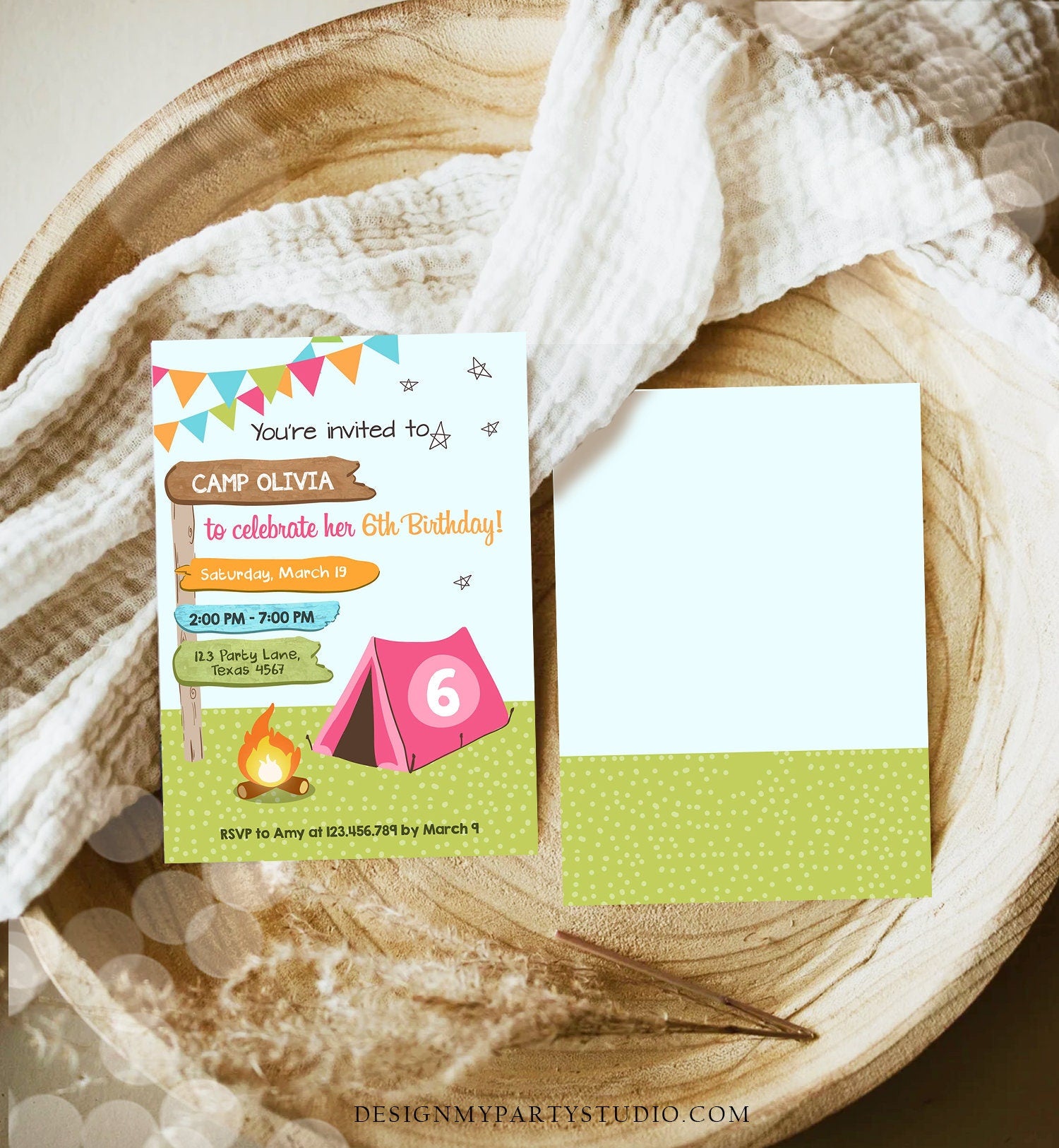 Editable Happy Camper Birthday Invitation Girl Pink Camping Party Pink Camper Glamping Digital Download Evite Template Printable 0452