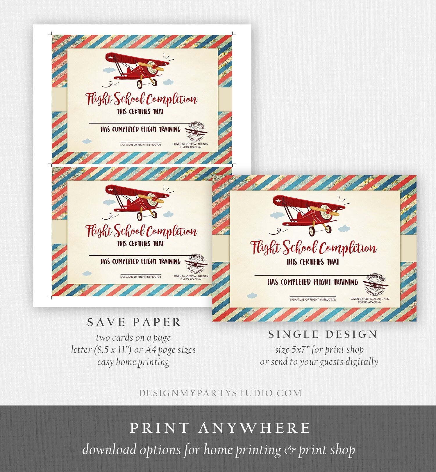 Flight School Certificate Airplane Birthday Party Certificate Boy Airplane Party Favor Birthday Game Instant Download Digital PRINTABLE 0011
