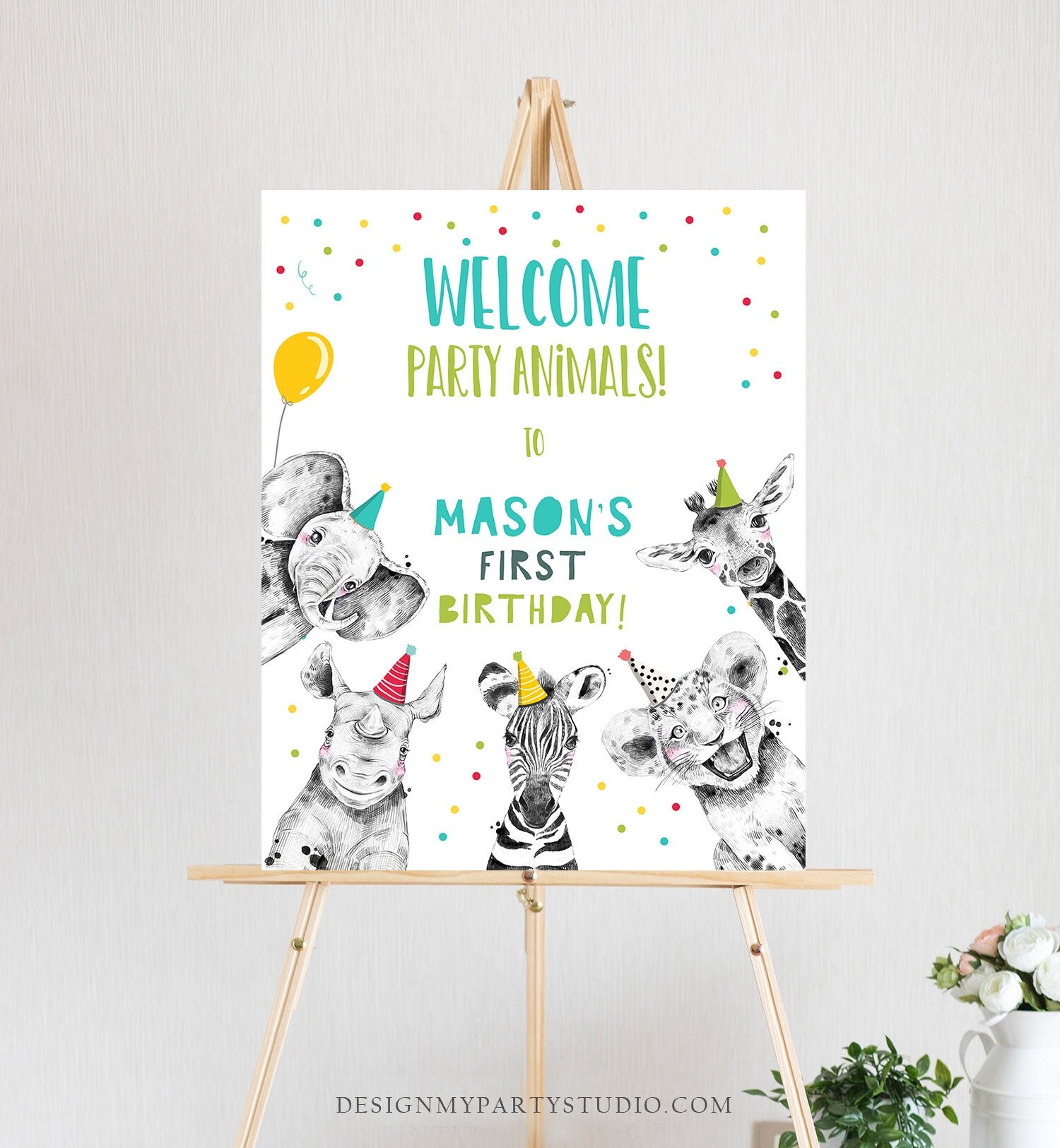 Editable Party Animals Birthday Welcome Sign Safari Animals Sign Welcome Jungle Sign Birthday Animals Boy Digital Template Printable 0390