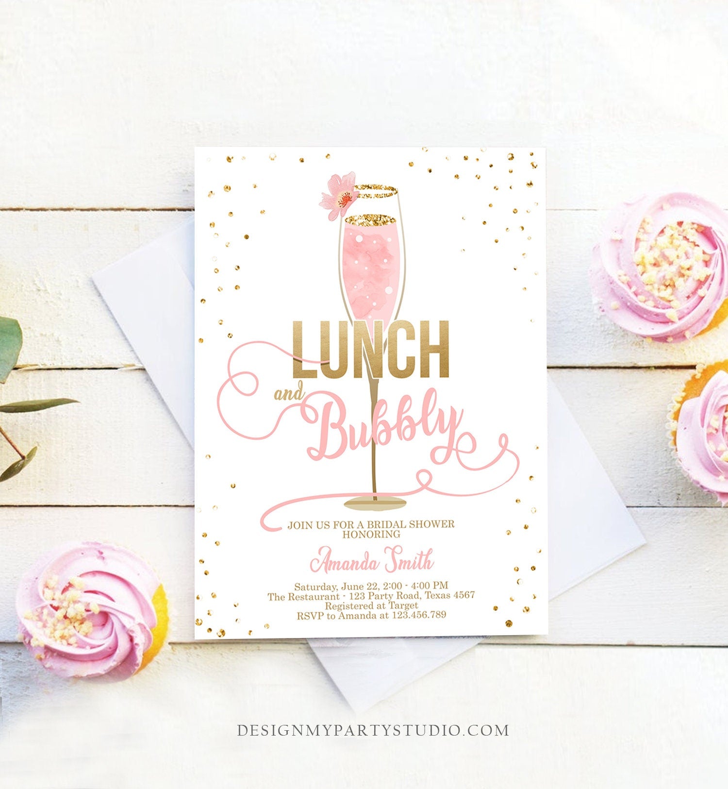 Editable Lunch and Bubbly Bridal Shower Invitation Champagne Gold Pink Wedding Brunch Digital Download Evite Template Printable 0150