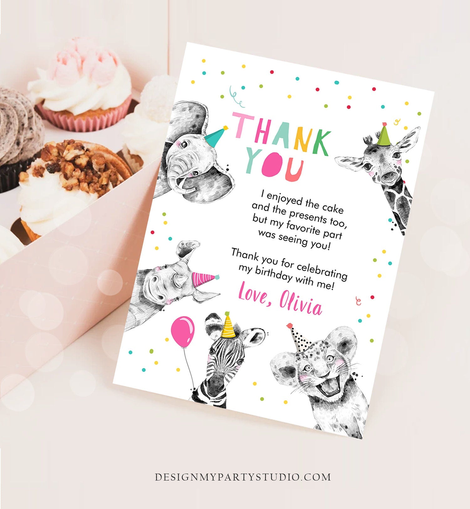 Editable Thank You Card Safari Animals Wild One Two Wild Thank You Note Girl Pink Wild Three Zoo Party Animal Digital Template Download 0390