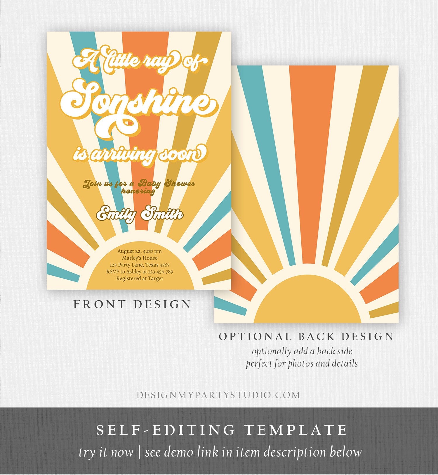 Editable Little Ray of Sonshine Baby Shower Invitation Baby Boy Sunshine Baby Shower Retro Instant Download Digital Corjl Template 0457