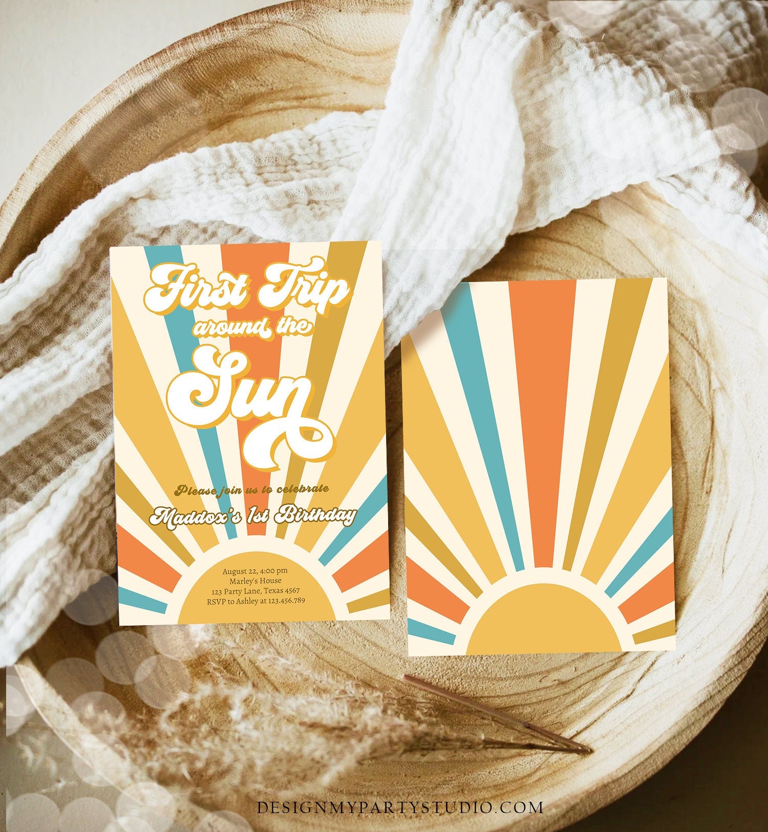 Editable First Trip Around The Sun Birthday Invitation 1st Birthday My Sunshine Boho Retro Digital Download Evite Template Printable 0457