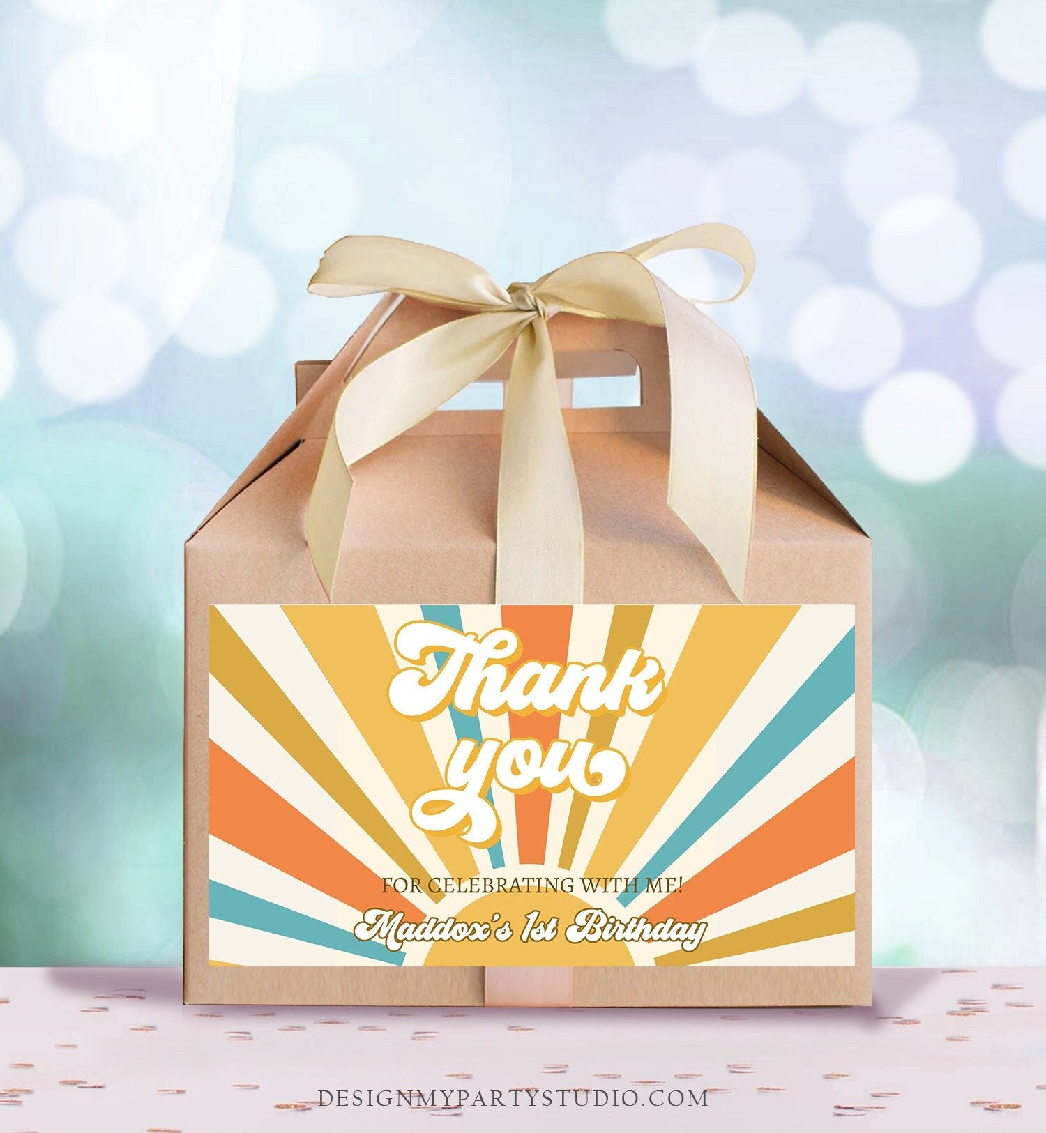 Editable Sun Birthday Party Gable Box Favor Label Boho Sun Gift Box Labels Retro Sunshine First Trip Around the Sun Download Printable 0457