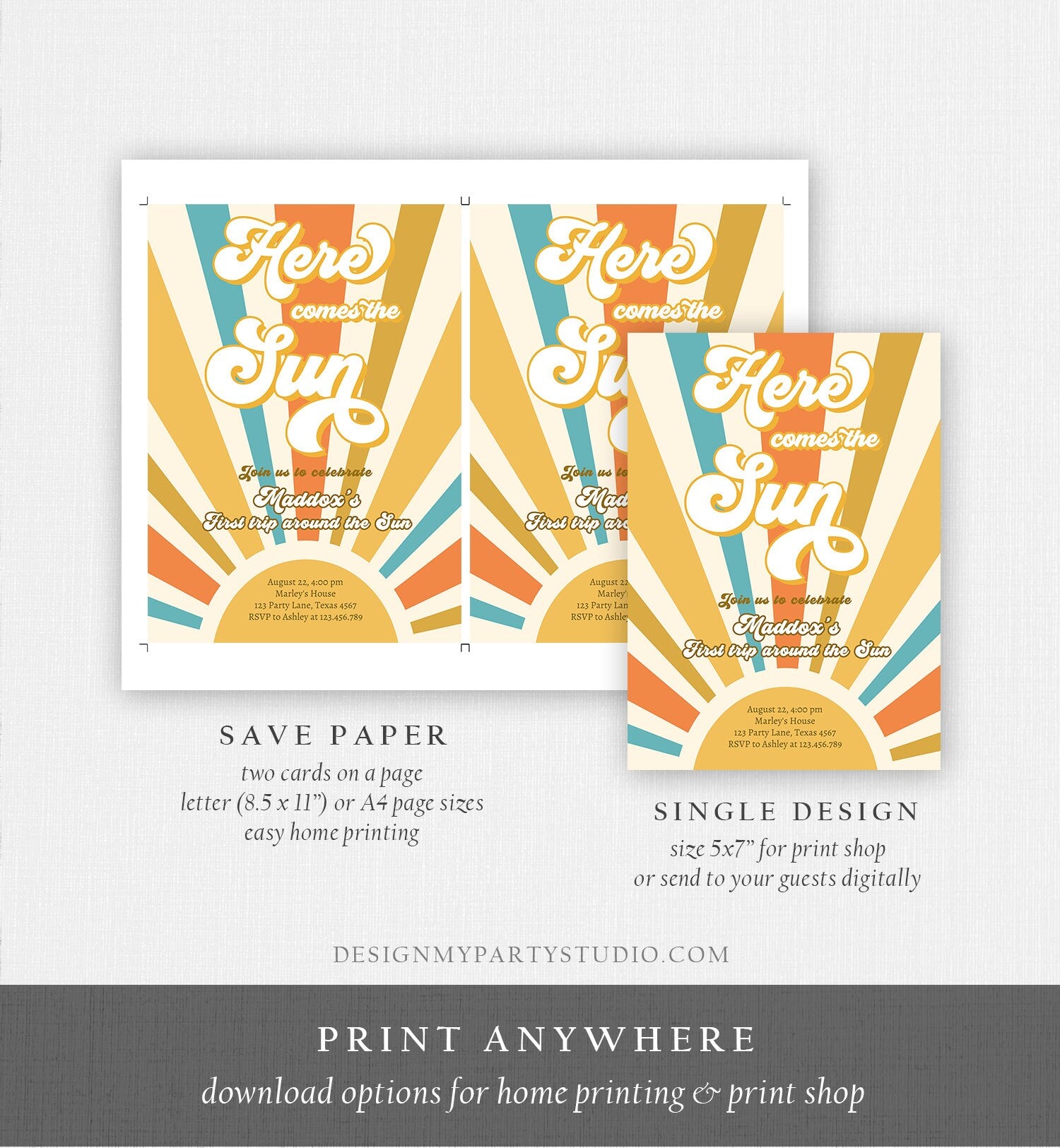 Editable Here Comes The Sun 1st Birthday Invitation My Sunshine Boho Retro First Trip Around the Sun Download Template Digital Corjl 0457