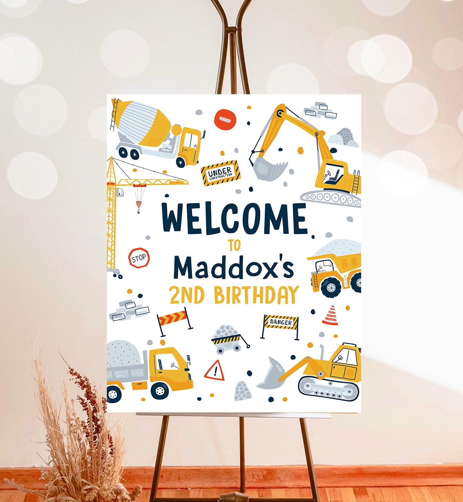 Editable Construction Birthday Welcome Sign Yellow Dump Truck Construction Sign Digger Boy Construction Digital Template Printable 0458