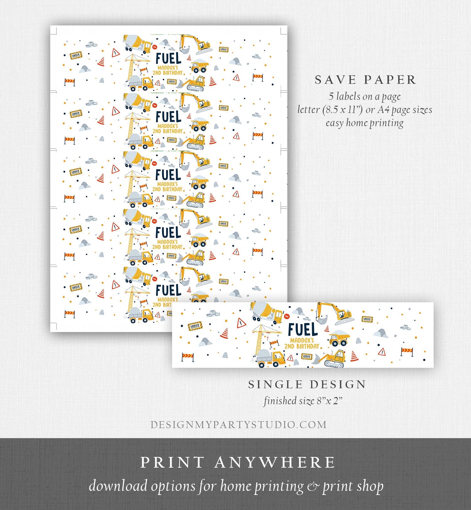 Editable Construction Water Bottle Labels Dump Truck Birthday Boy Digger Party Decor Fuel Bottle Wrapper Digital Template Printable 0458