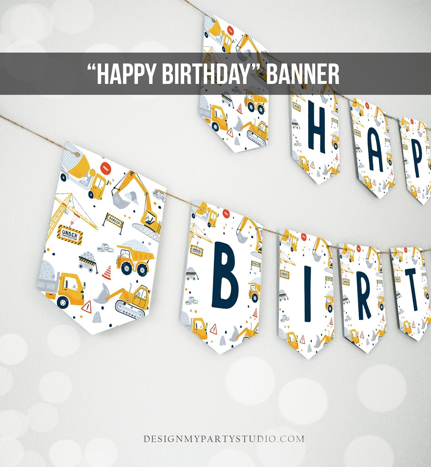 Happy Birthday Banner Construction Birthday Banner Boy Dump Truck Birthday Banner Decor Digger Instant download PRINTABLE DIGITAL DIY 0458
