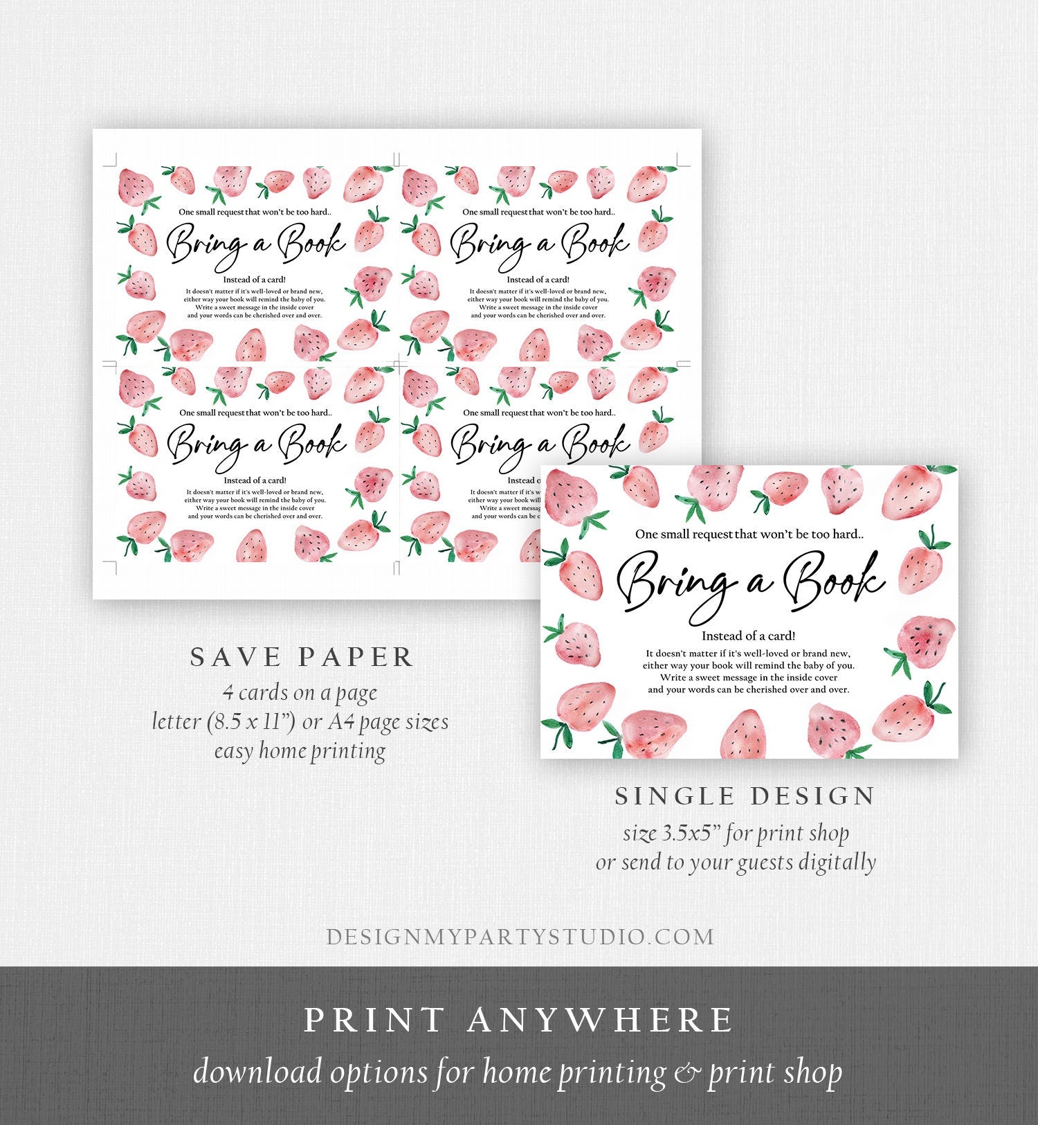Editable Bring a Book Card Strawberry Berry Sweet Baby Shower Sprinkle Insert Books for Baby Book Request Digital Template Printable 0399