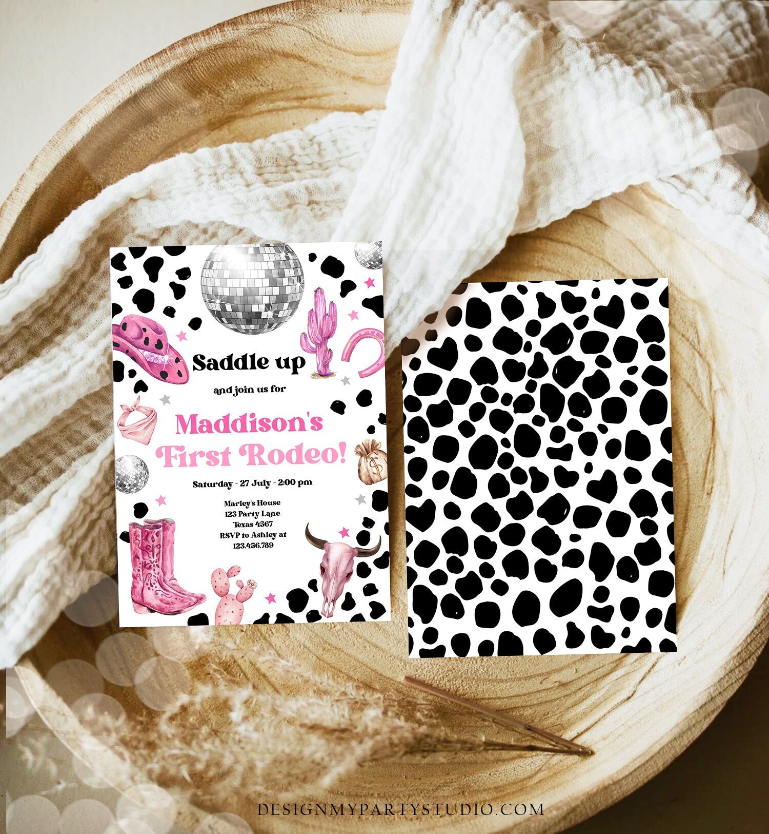 Editable Cowgirl Birthday Party Invitation Disco Cowgirl Invite Pink Girl First Rodeo Wild West 1st Download Printable Template Corjl 0455