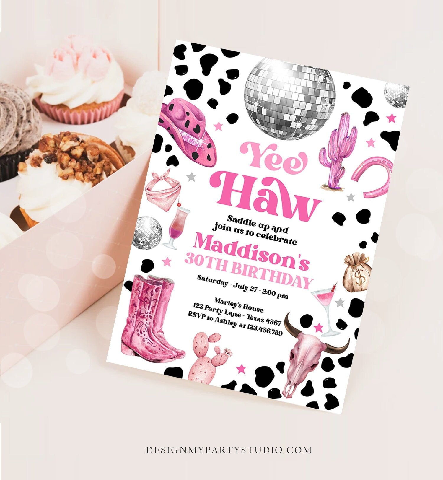 Editable Space Cowgirl Birthday Invitation Disco Cowgirl Invite Pink Girl Adult Birthday Wild West 30 Download Printable Template Corjl 0455