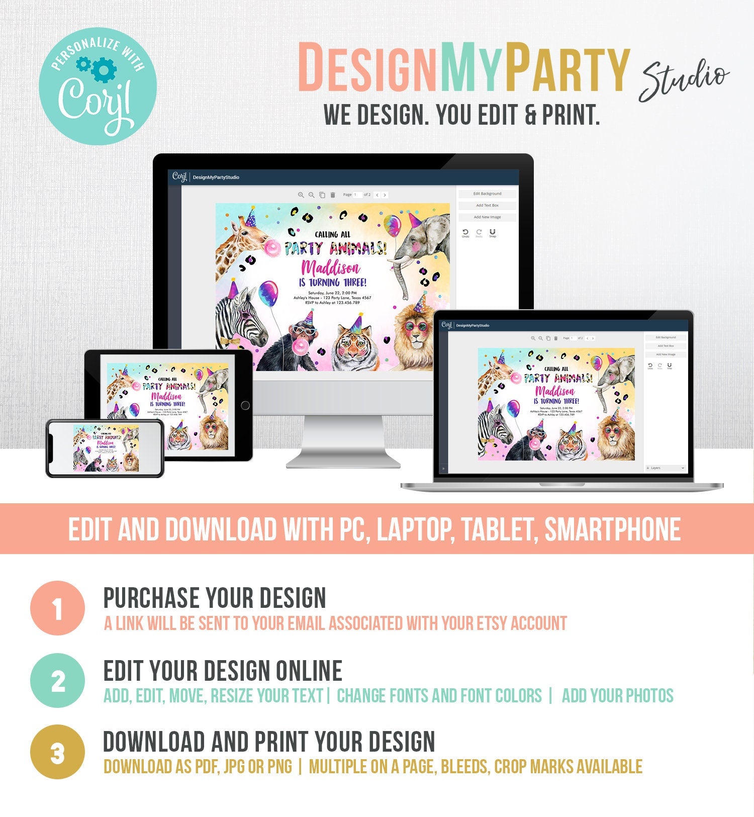 Editable Party Animals Birthday Invitation Rainbow Animals Invitation Zoo Safari Animals Girl Digital Download Evite Template Printable 0461