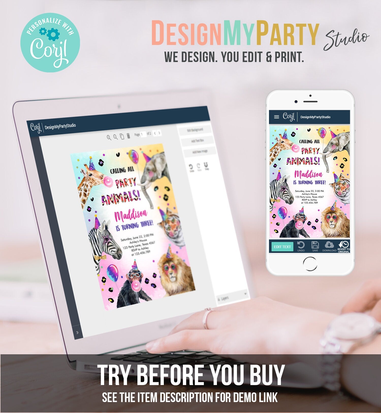 Editable Party Animals Birthday Invitation Rainbow Cheetah Animals Zoo Safari Animals Girl Download Printable Invite Template Corjl 0461