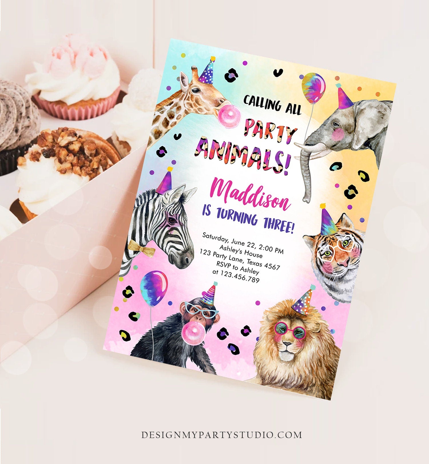 Editable Party Animals Birthday Invitation Rainbow Cheetah Animals Zoo Safari Animals Girl Download Printable Invite Template Corjl 0461