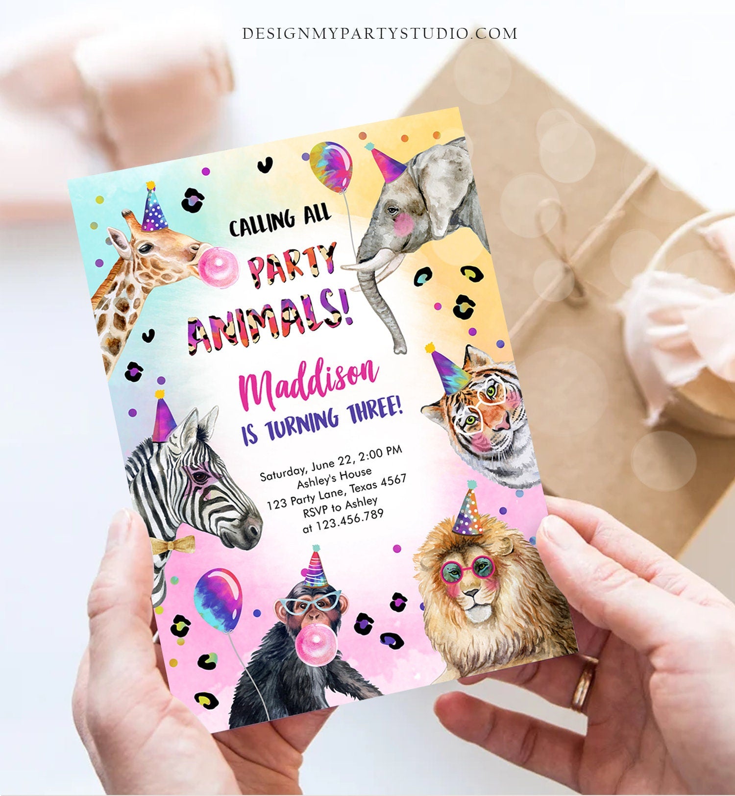 Editable Party Animals Birthday Invitation Rainbow Cheetah Animals Zoo Safari Animals Girl Download Printable Invite Template Corjl 0461