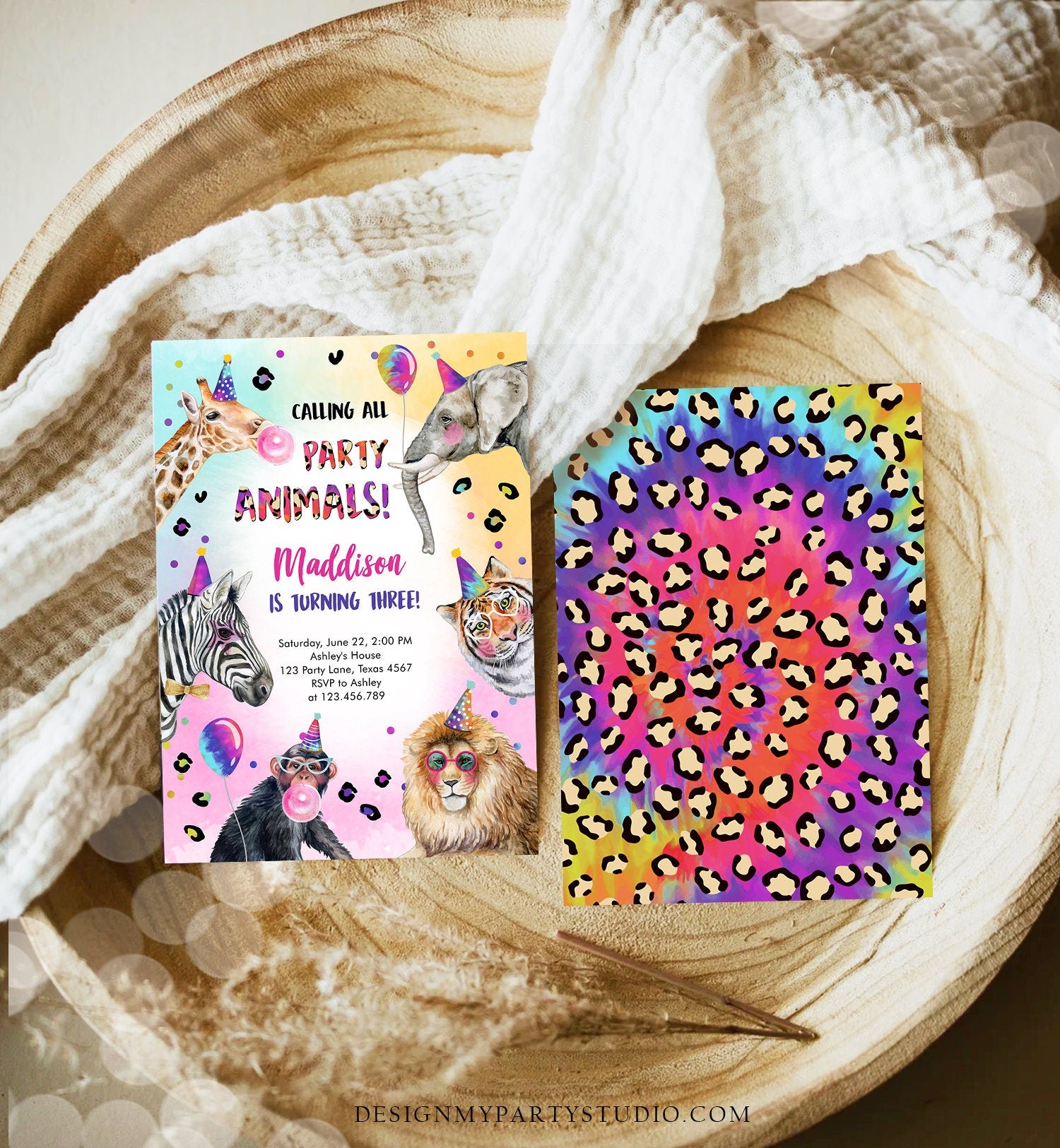 Editable Party Animals Birthday Invitation Rainbow Cheetah Animals Zoo Safari Animals Girl Download Printable Invite Template Corjl 0461