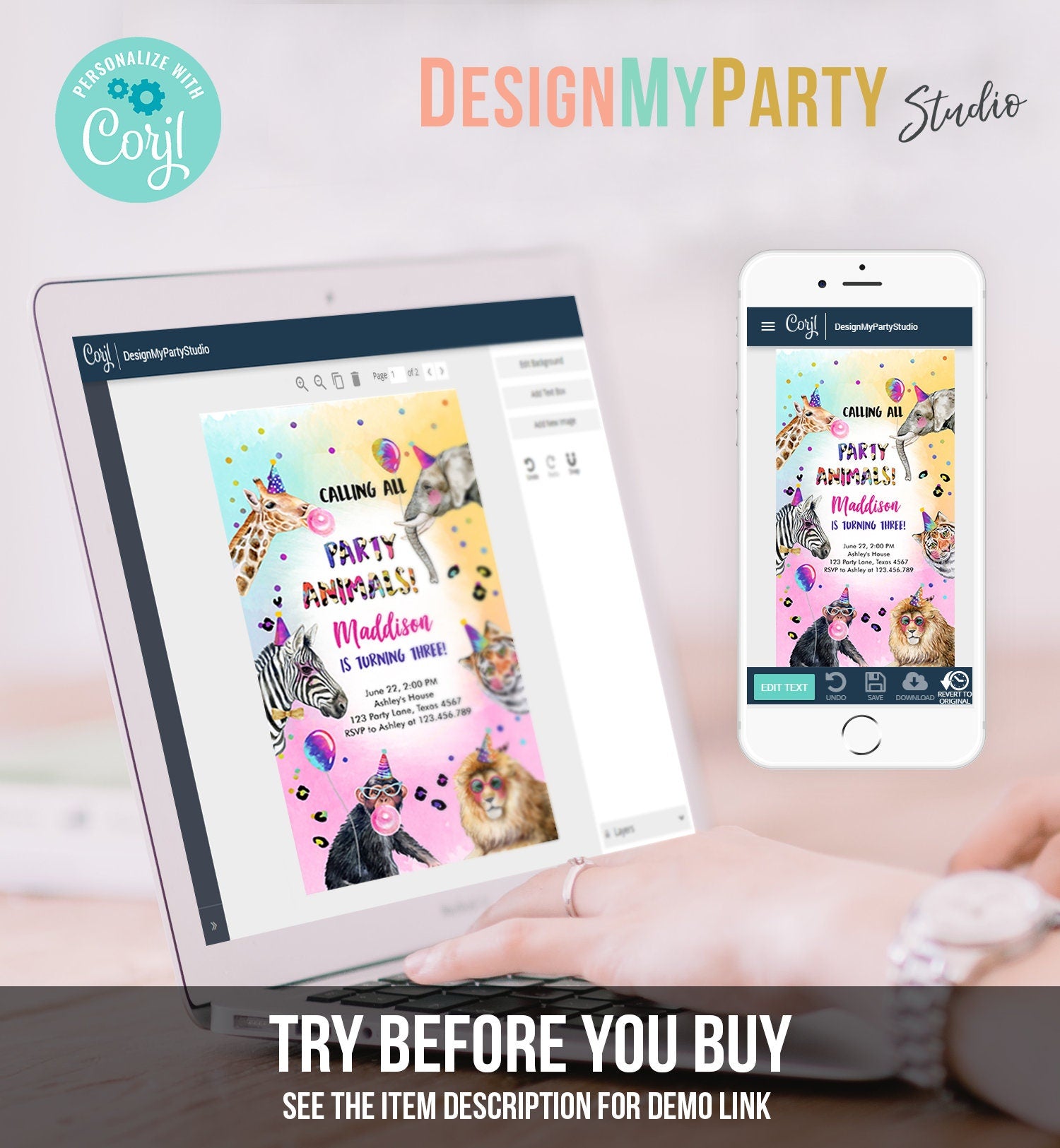 Editable Party Animals Birthday Evite Wild One Animals Invitation Zoo Safari Animals Girl Digital Download Evite Template 0461