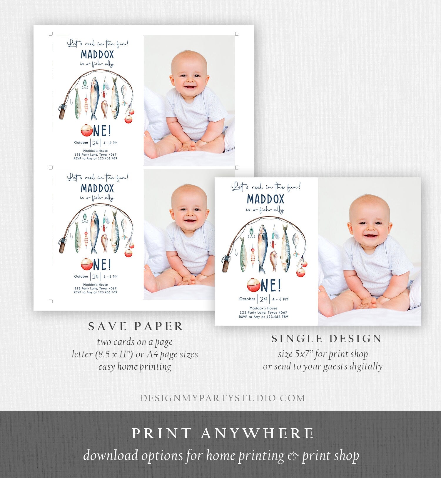 Editable Fishing Birthday Invitation Fishing Party O-Fish-Ally The Big One Gone Fishing Blue Boy Digital Download Template Printable 0454