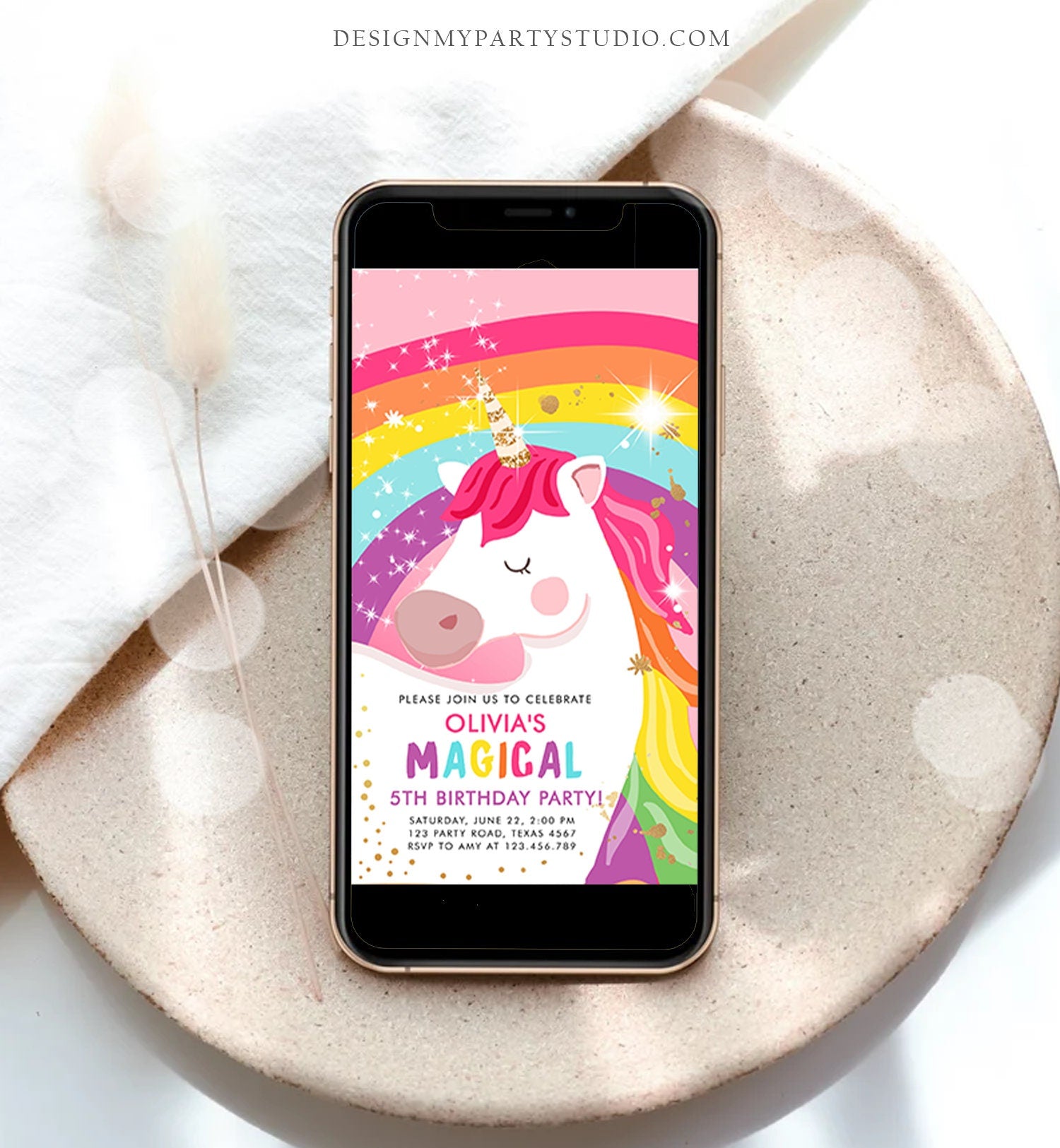 Editable Unicorn Birthday Evite Magical Unicorn Party Girl Pink Gold Unicorn Invitation Rainbow Phone Digital Evite Template Printable 0323