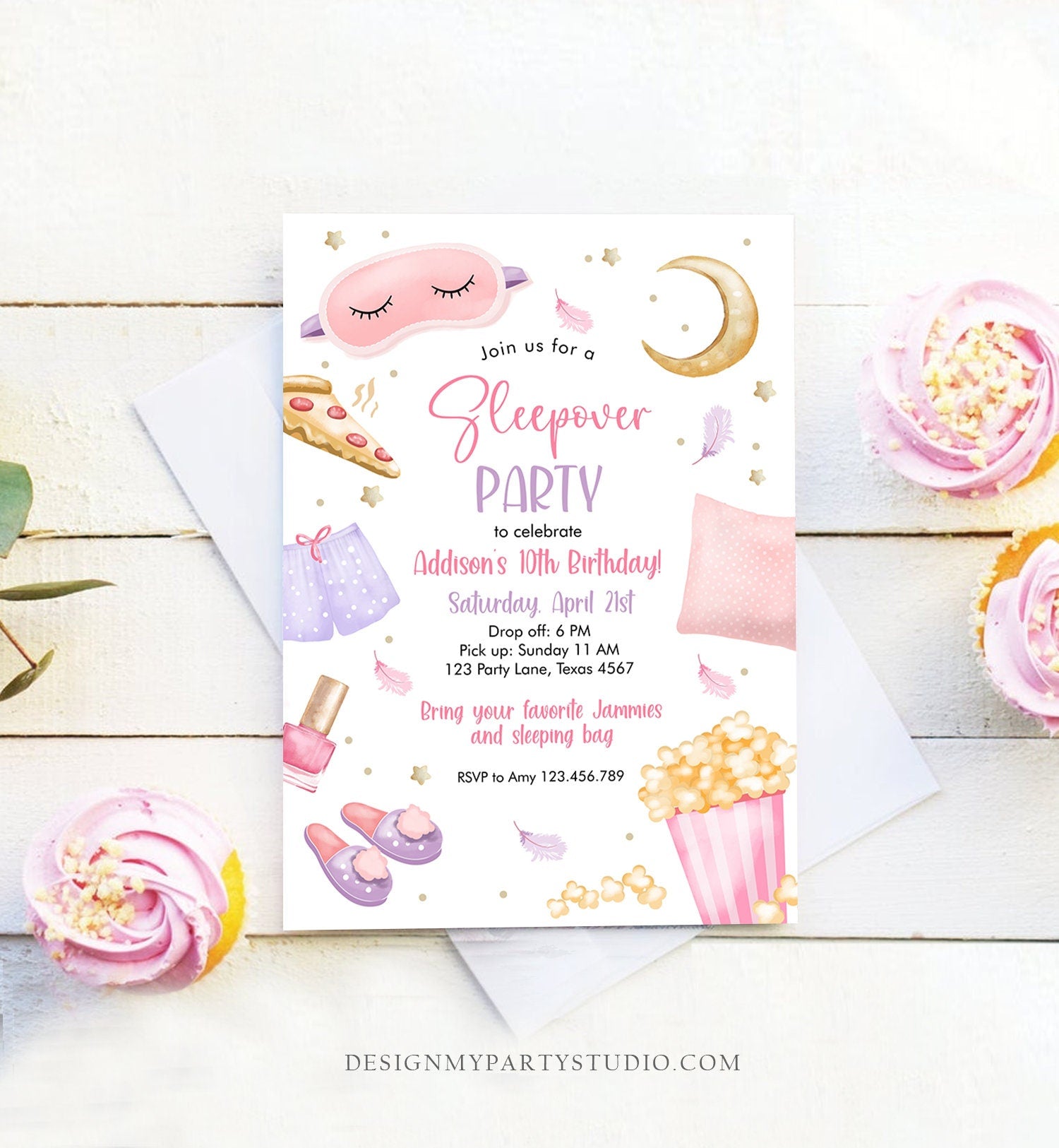 Editable Slumber Party Birthday Invitation Sleepover Birthday Invite Pink Girl Spa Tween Teen Pizza Digital Download Template Corjl 0447
