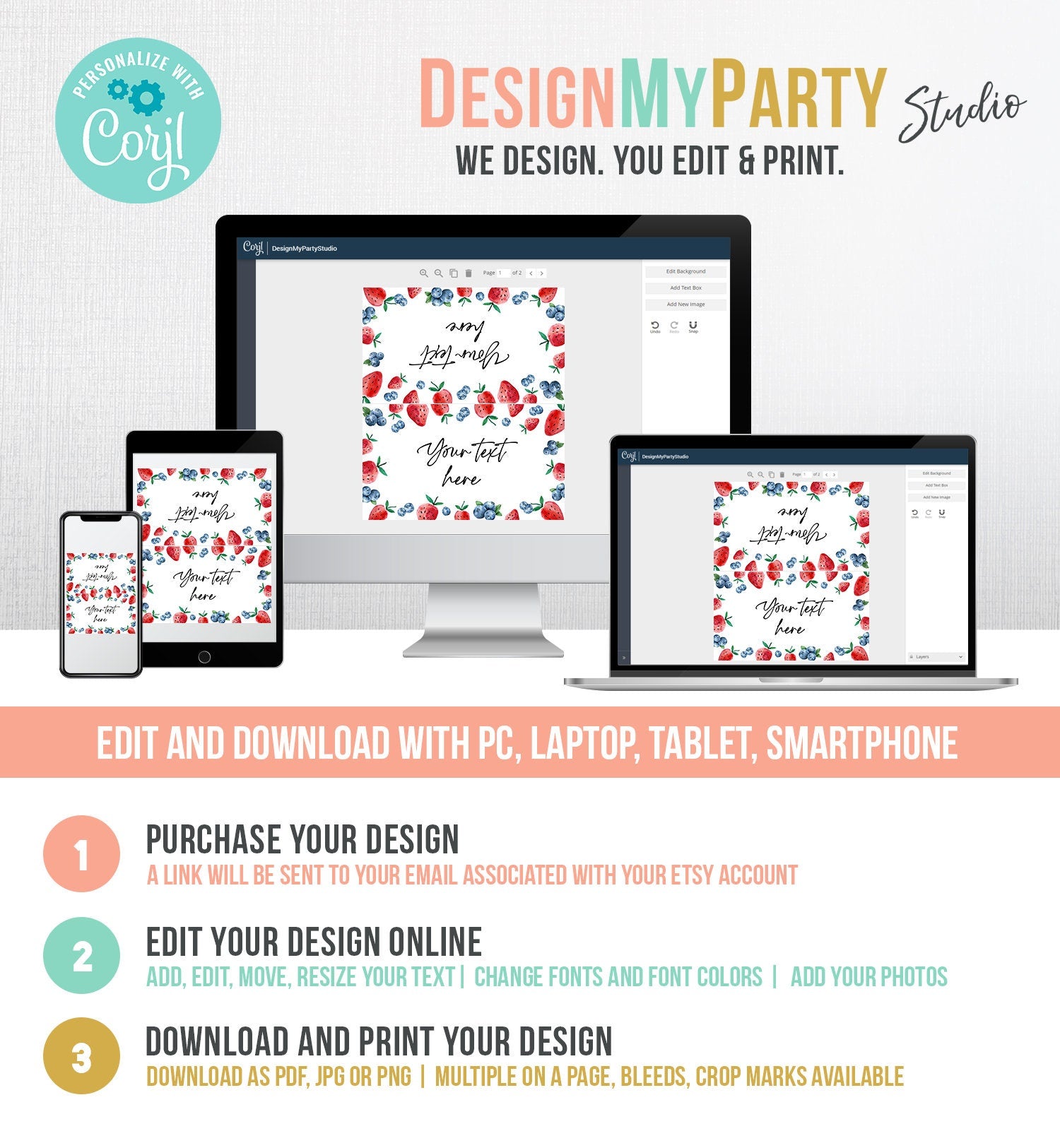 Editable Strawberry Blueberry Food Label Birthday Place Card Food Tent Farmers Market Fruit Berry Sweet Girl Digital Template Printable 0399