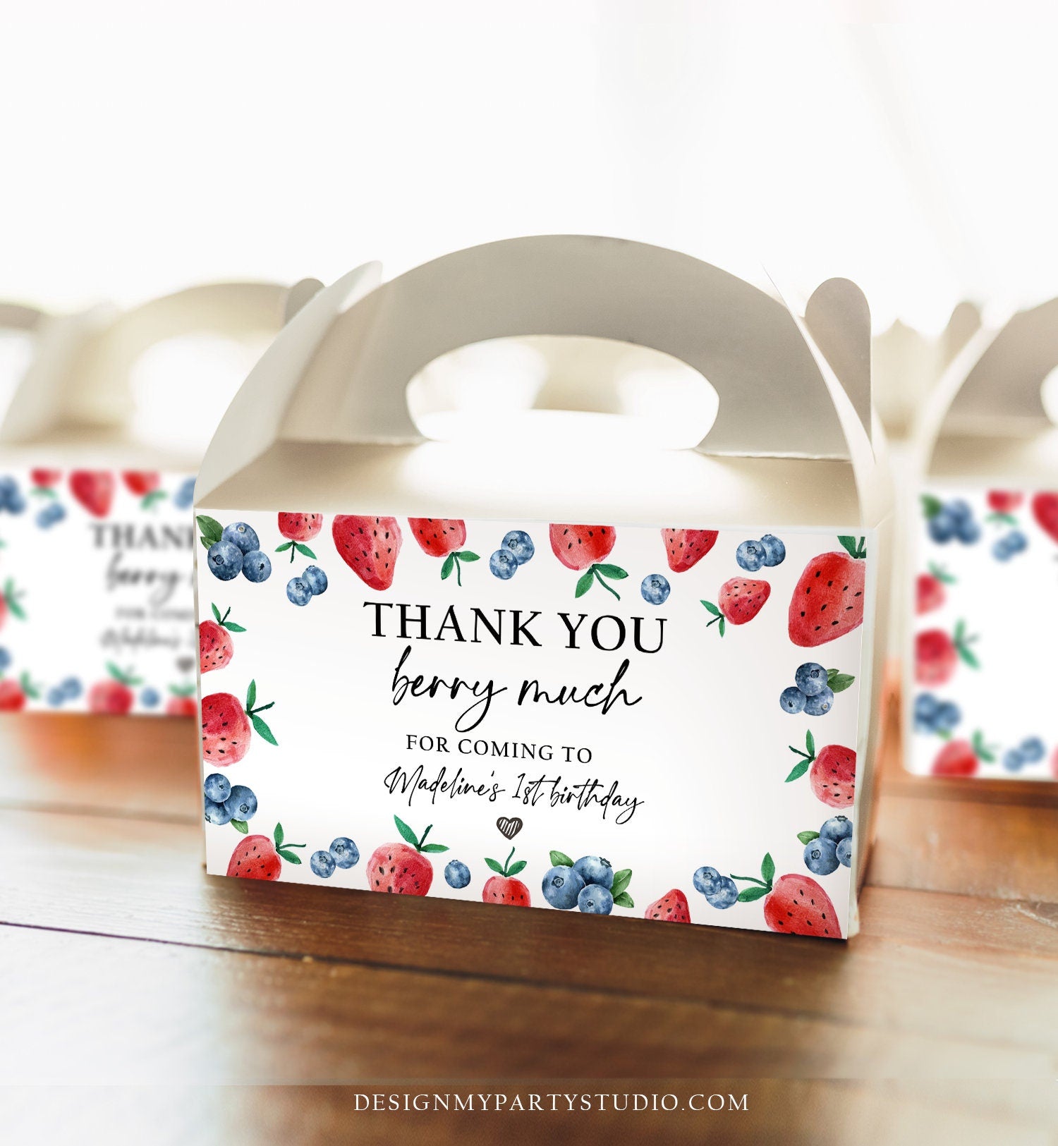 Editable Blueberry Strawberry Gable Gift Box Label 1st Birthday Berry First Favors Treat Box Label Berry Sweet Download Printable Corjl 0399