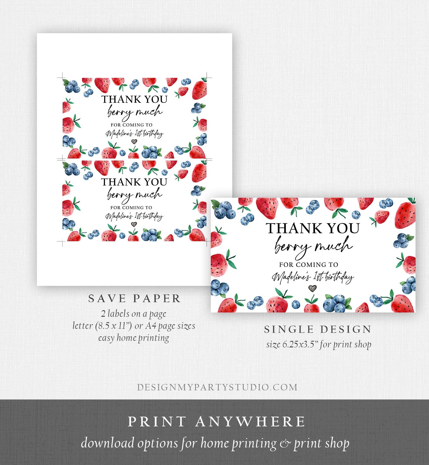 Editable Blueberry Strawberry Gable Gift Box Label 1st Birthday Berry First Favors Treat Box Berry Sweet Digital Download Printable 0399