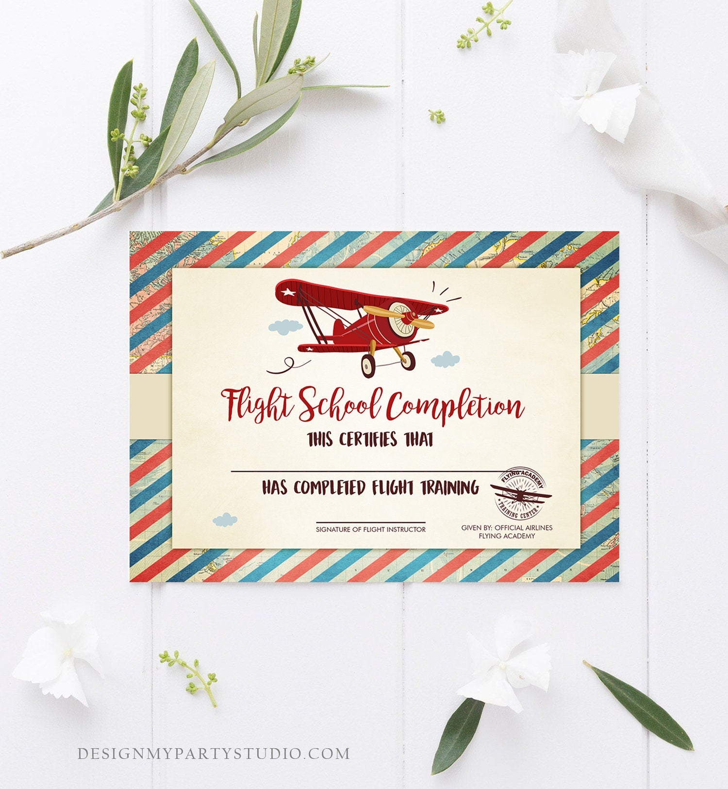 Flight School Certificate Airplane Birthday Party Certificate Boy Airplane Party Favor Birthday Game Instant Download Digital PRINTABLE 0011