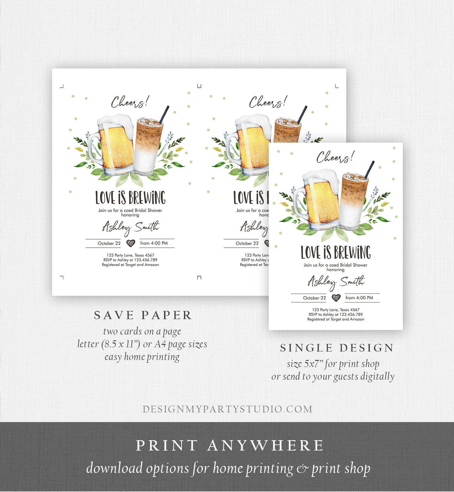 Editable Love is Brewing Invitation Brewing Bridal Shower Invitation Cold Brew Coffee Couples Shower Download Printable Template Corjl 0190
