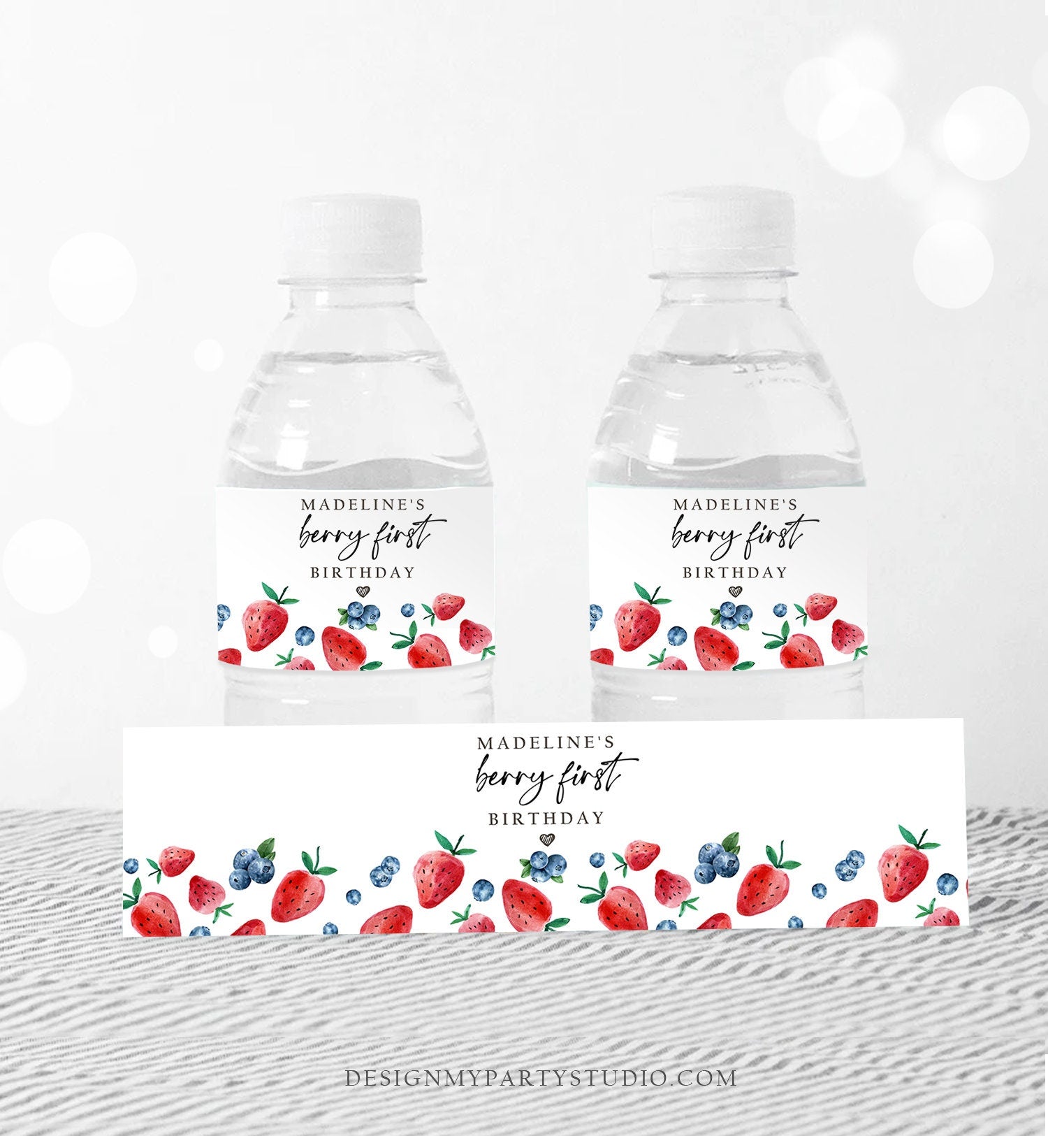 Editable Strawberry Blueberry Water Bottle Labels Berry First Birthday Decor Berry Sweet 1st Party Digital Download Template Printable 0399