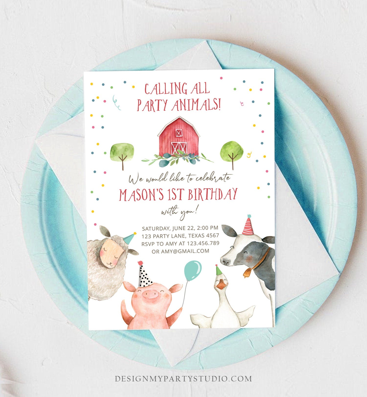 Editable Farm Animals Birthday Invitation Boy Farm Barnyard First Birthday Party Animals Confetti Download Corjl Template Printable 0155