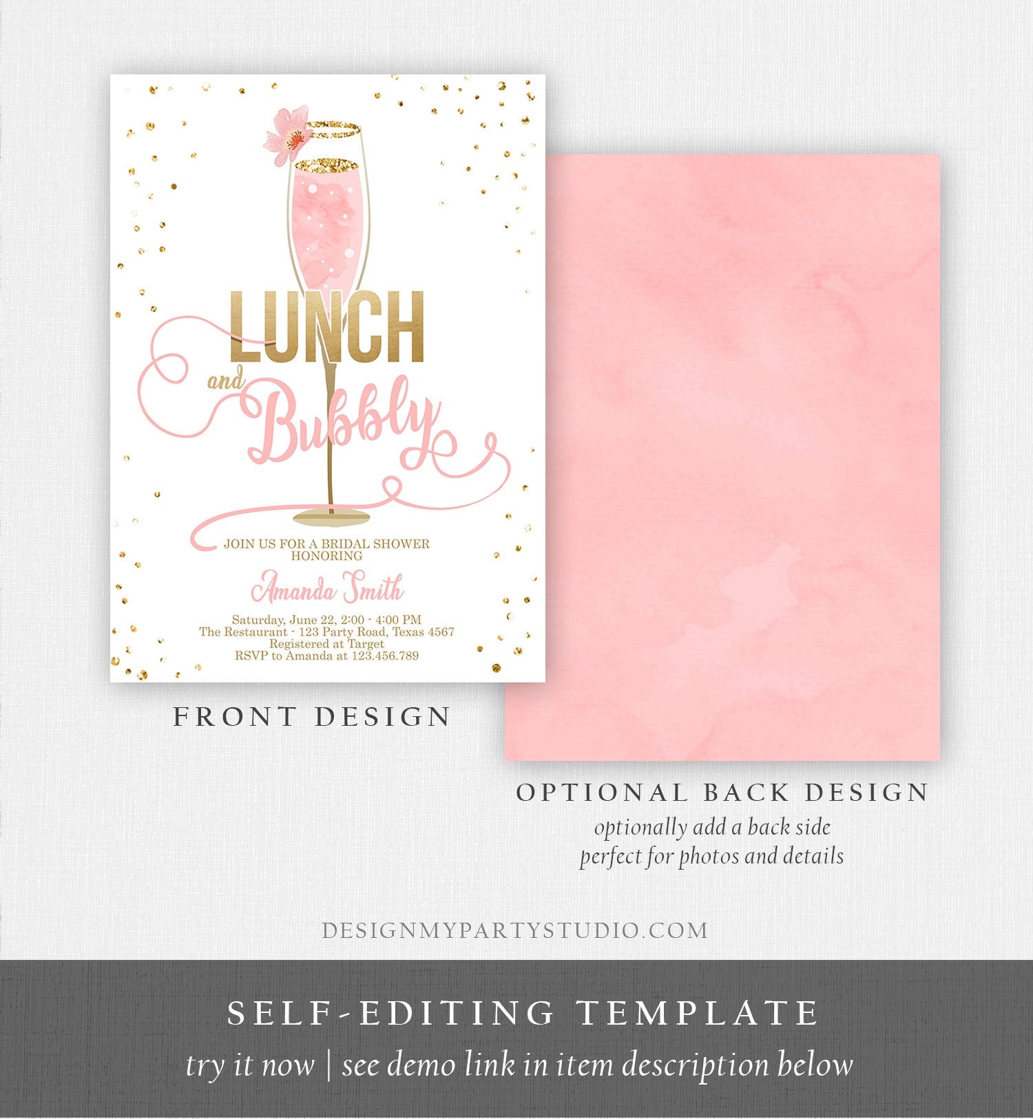 Editable Lunch and Bubbly Bridal Shower Invitation Champagne Gold Pink Wedding Brunch Digital Download Evite Template Printable 0150