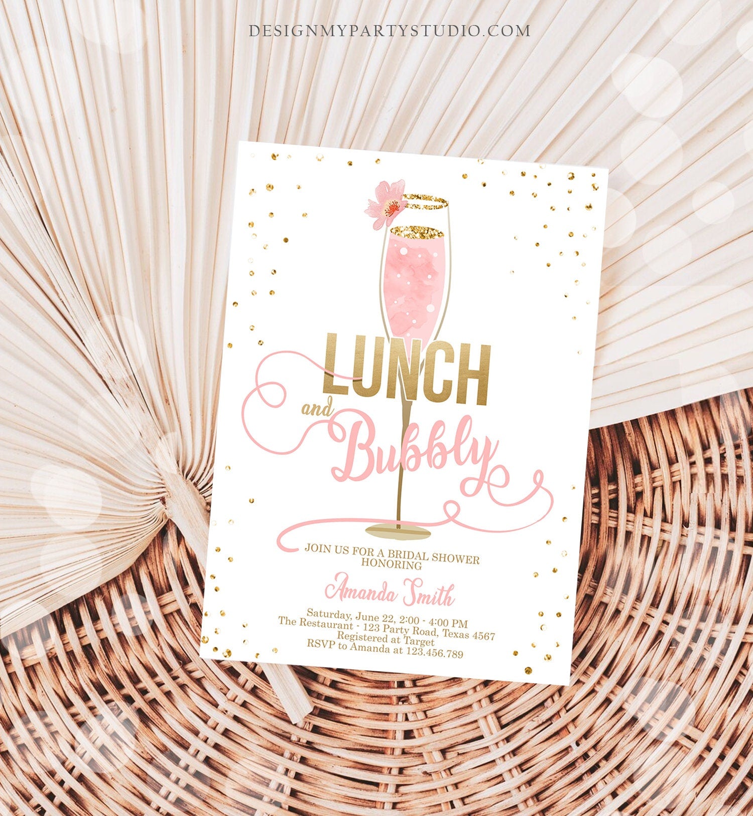 Editable Lunch and Bubbly Bridal Shower Invitation Champagne Gold Pink Wedding Brunch Digital Download Evite Template Printable 0150