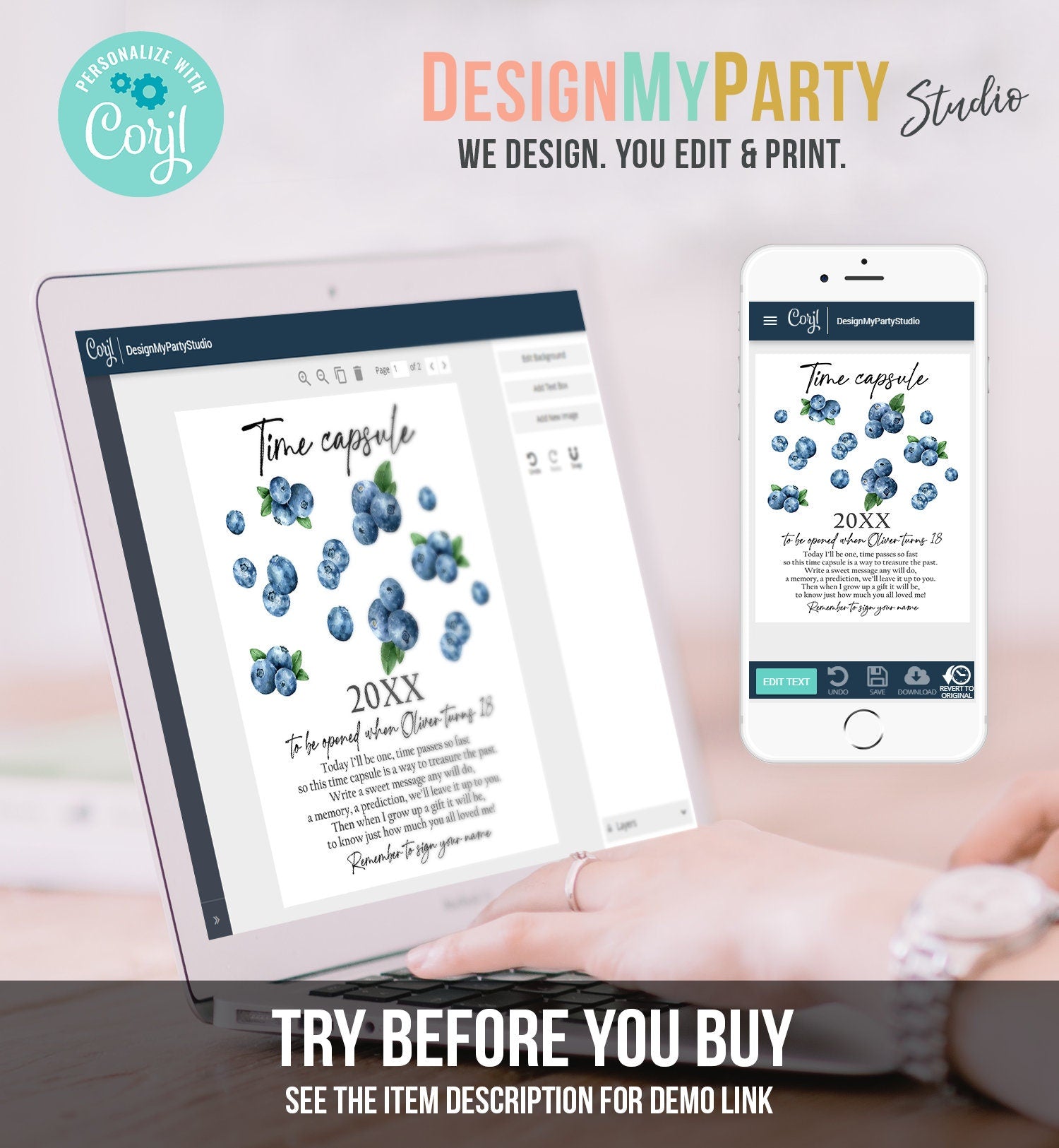 Editable Time Capsule Berry First Birthday Blueberry Party Decor Berry Sweet Party Blueberries Boy Digital Download Template Printable 0399
