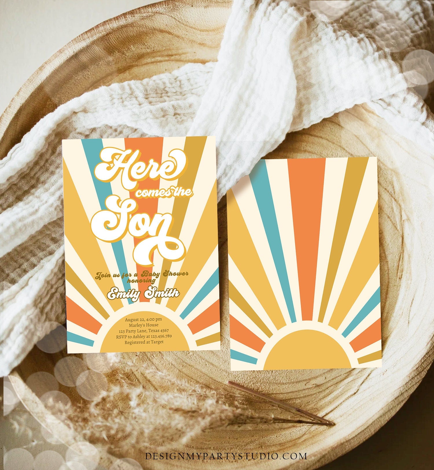 Editable Here Comes the Son Baby Shower Invitation Baby Boy Sunshine Baby Shower Invite Retro Instant Download Digital Corjl Template 0457