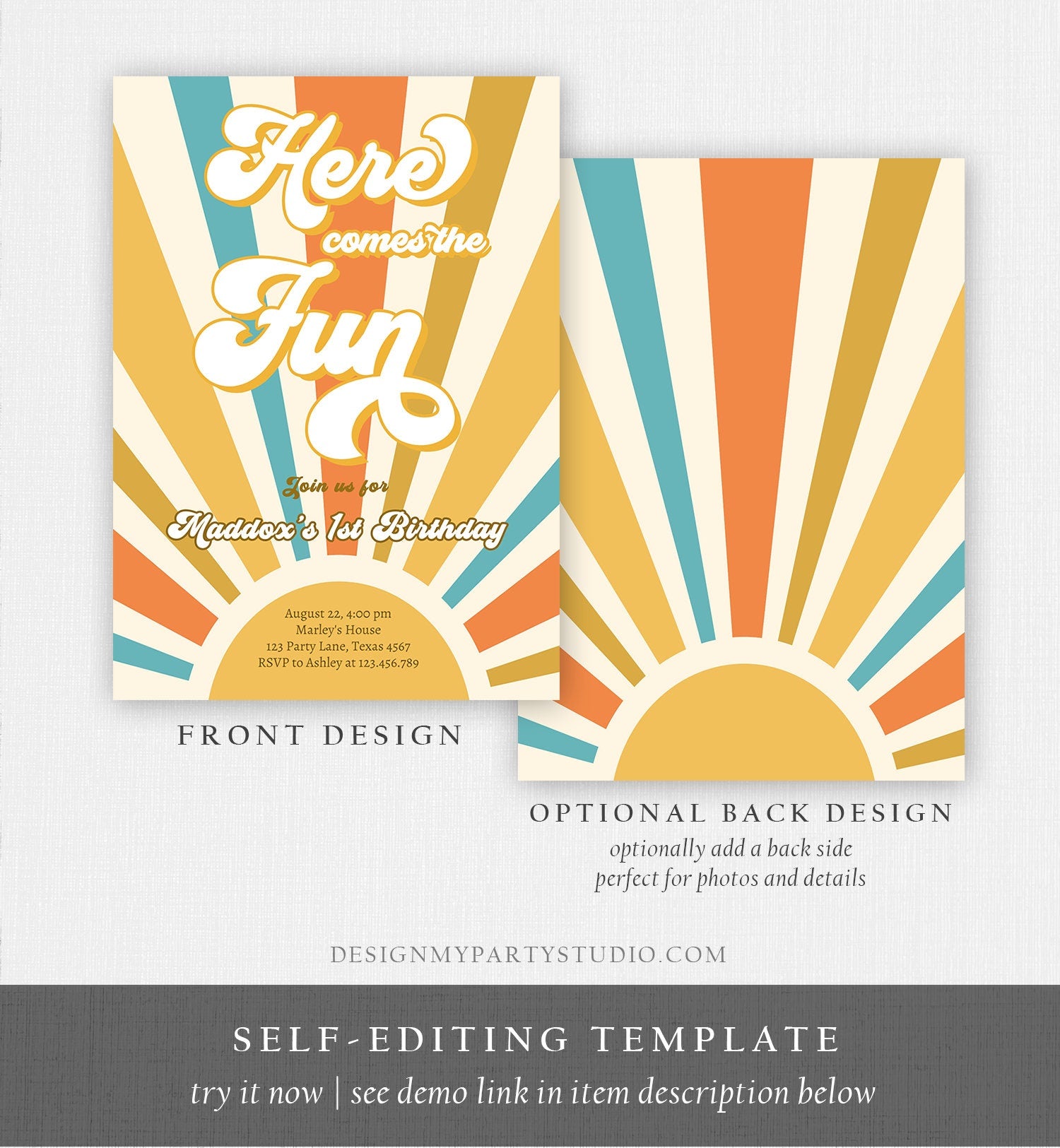 Editable Here Comes the Fun Birthday Invitation 1st Sunshine Birthday Party Boho Retro Son Download Printable Template Digital Corjl 0457