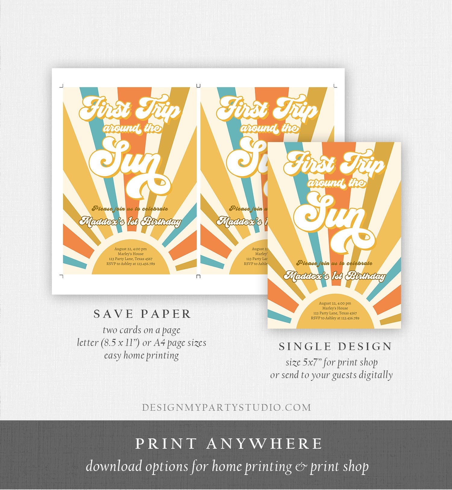 Editable First Trip Around The Sun Birthday Invitation 1st Birthday My Sunshine Boho Retro Digital Download Evite Template Printable 0457