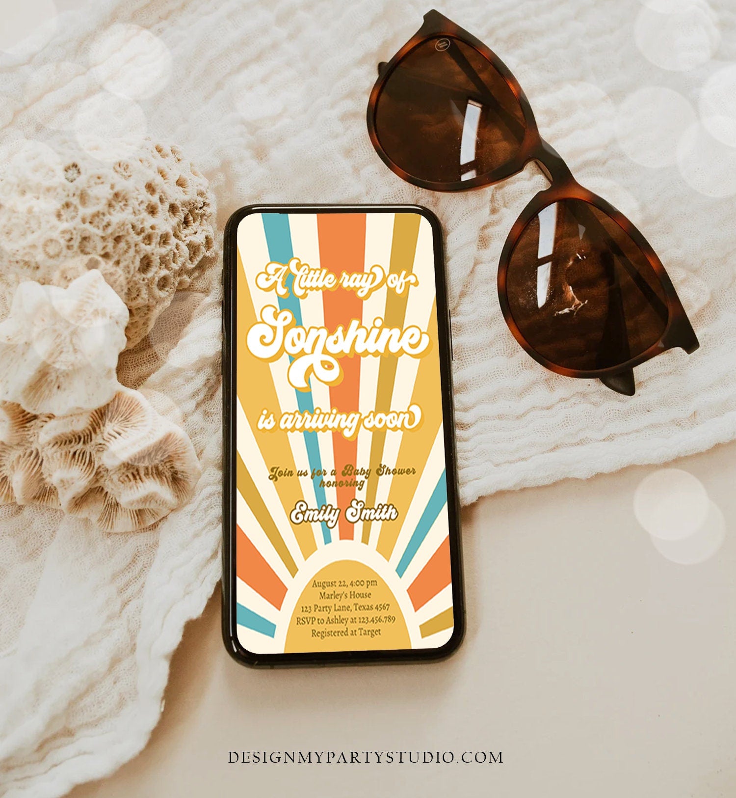 Editable Little Ray of Sonshine Baby Shower Invitation Baby Boy Retro Boho Sunshine Baby Shower Phone Digital Download Evite Template 0457