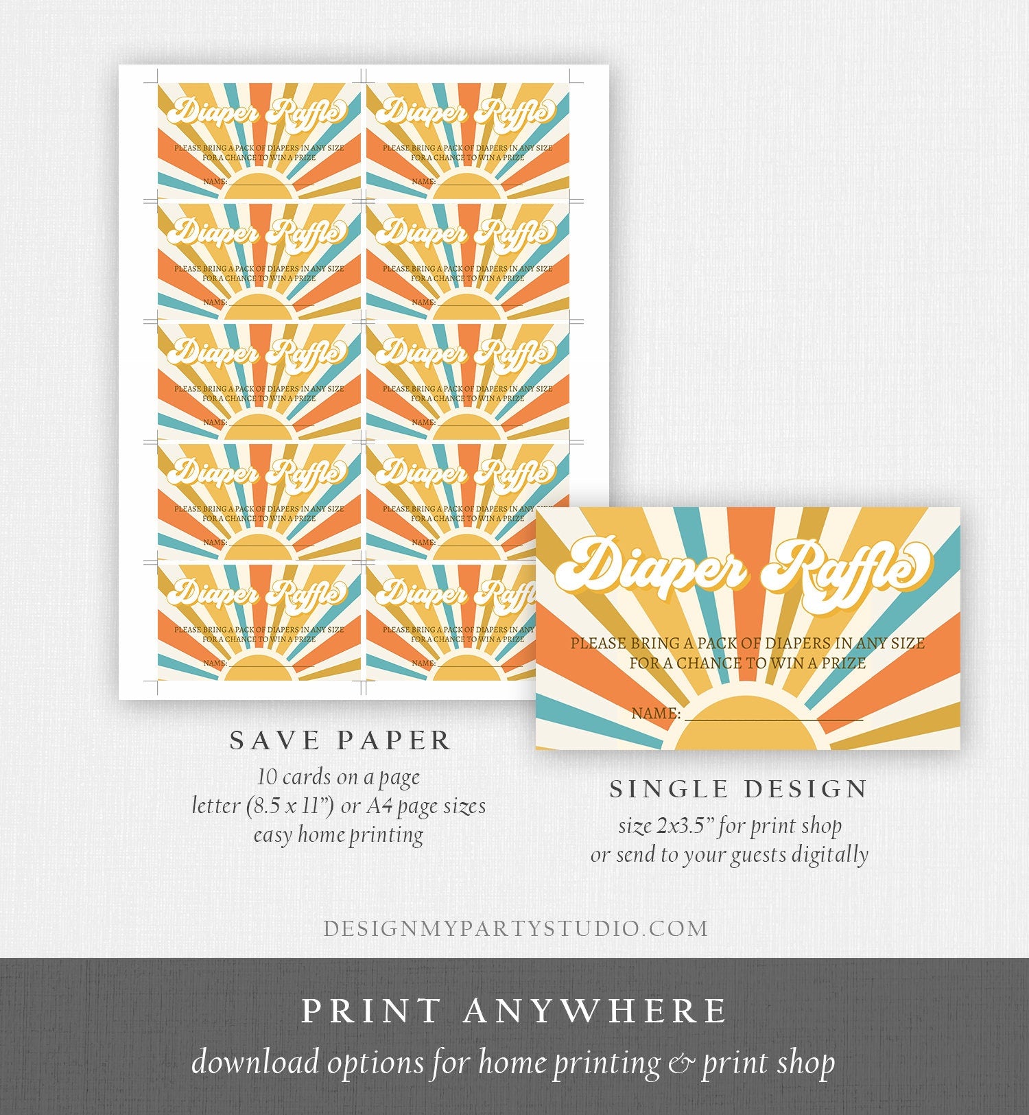 Editable Sunshine Diaper Raffle Ticket Ray of Sonshine Baby shower Boy Diaper Game Retro Groovy Boy Digital Template Printable 0457