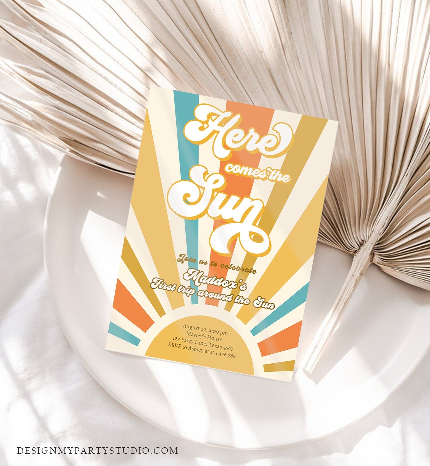 Editable Here Comes The Sun 1st Birthday Invitation My Sunshine Boho Retro First Trip Around the Sun Download Template Digital Corjl 0457