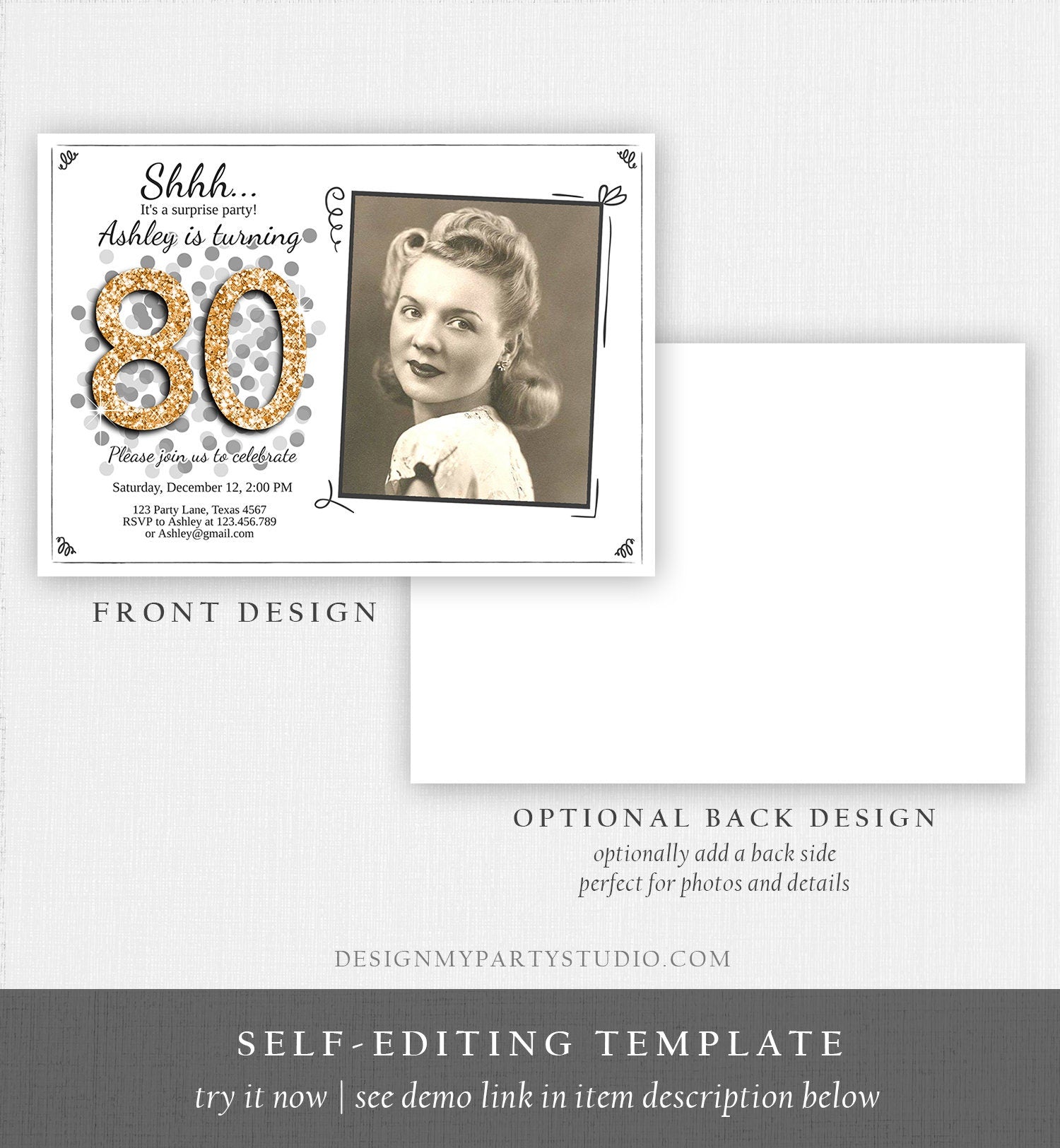 Editable ANY AGE Surprise Birthday Invitation Adult 80th Party Rustic Chalk Black Gold Glitter Photo Download Corjl Template Printable 0103