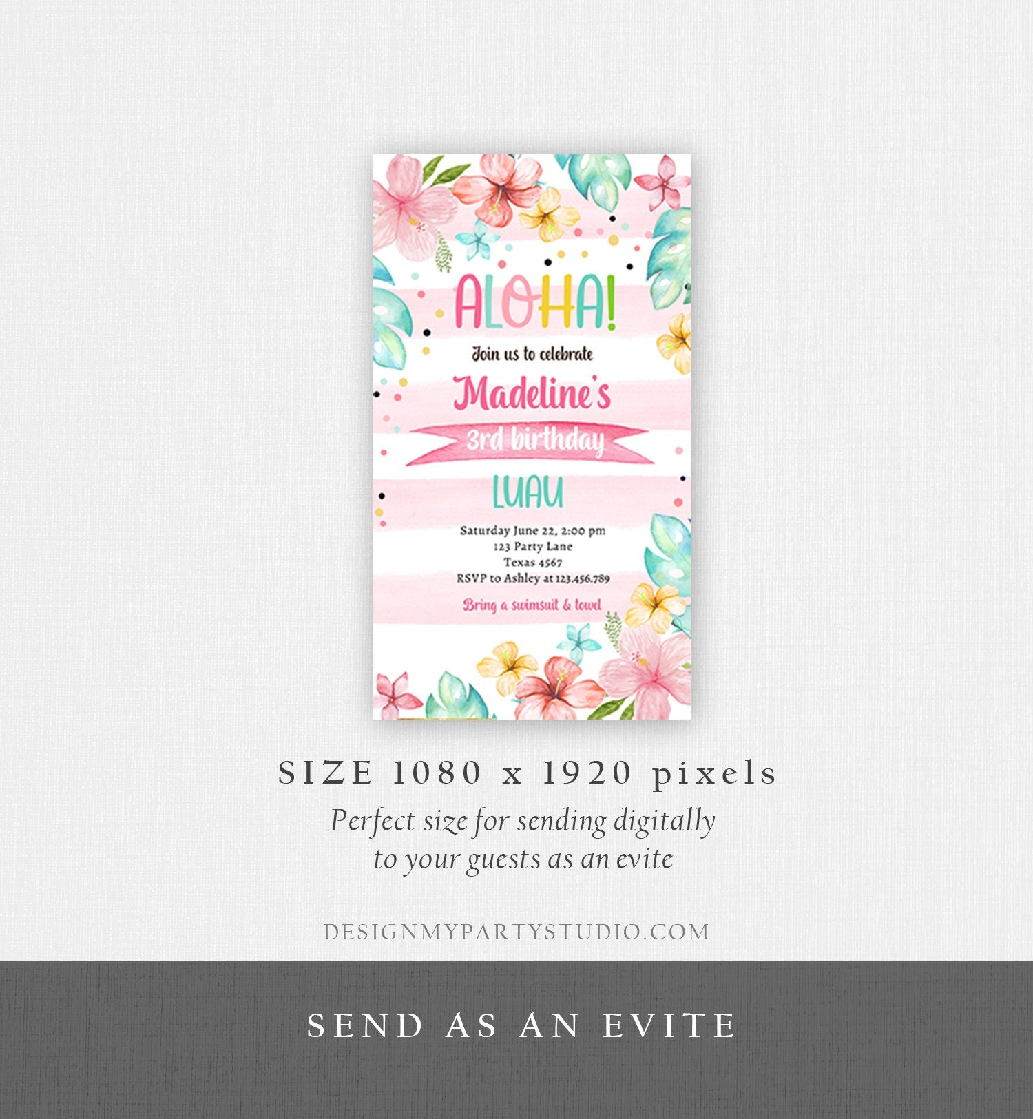 Editable Hawaiian Luau Birthday Evite Pineapple Birthday Pool Party Pink Girl Electronic Phone Digital Download Template Printable 0391
