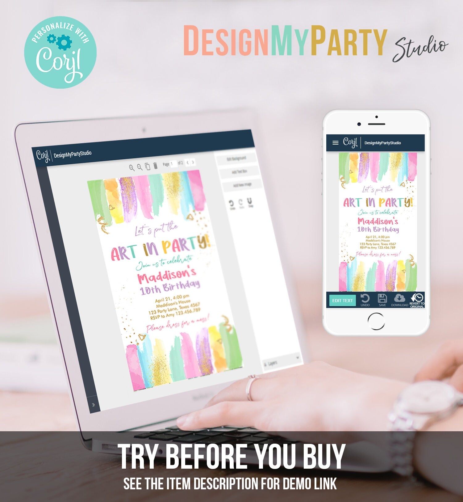 Editable Art Party Invitation Art Birthday Evite Painting Party Craft Party Rainbow Pastel Download Phone Electronic Digital Corjl 0450