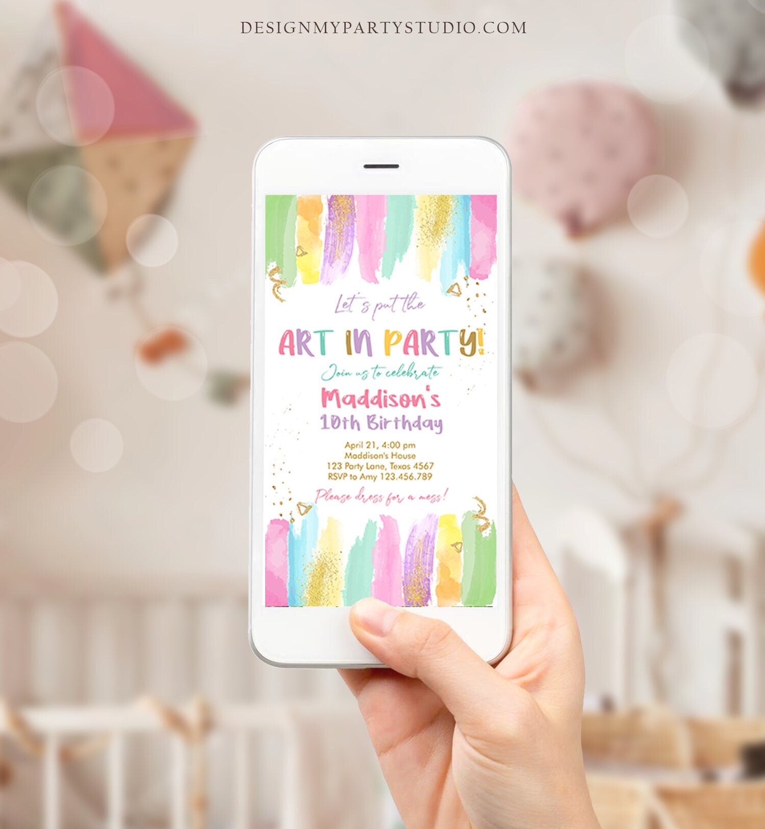 Editable Art Party Invitation Art Birthday Evite Painting Party Craft Party Rainbow Pastel Download Phone Electronic Digital Corjl 0450
