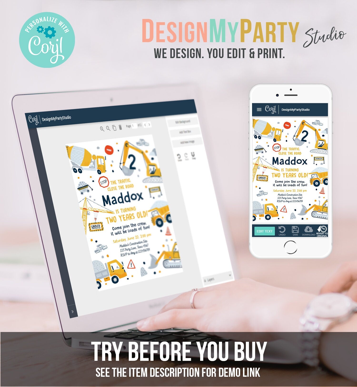 Editable Construction Birthday Invitation Yellow Dump Truck Excavator Digger Party Boy Digital Download Evite Template Printable 0458