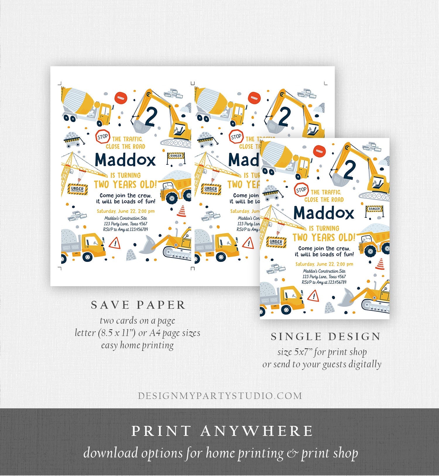 Editable Construction Birthday Invitation Yellow Dump Truck Invite Digger Party Boy Instant Download Printable Template Digital Corjl 0458